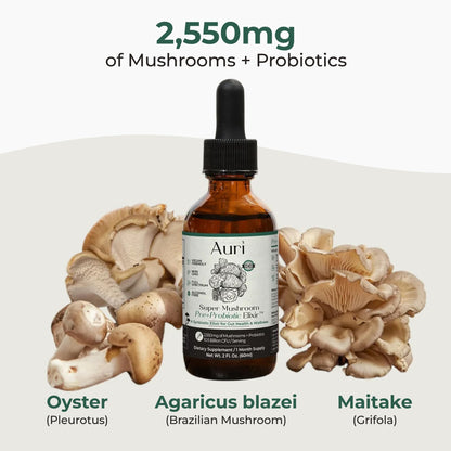 Auri Nutrition Super Mushroom Pre+Probiotic Elixir – 3-in-1 Gut Health Supplement w/7 Probiotic Strains, Prebiotic Mushrooms & Postbiotic Support – Vegan