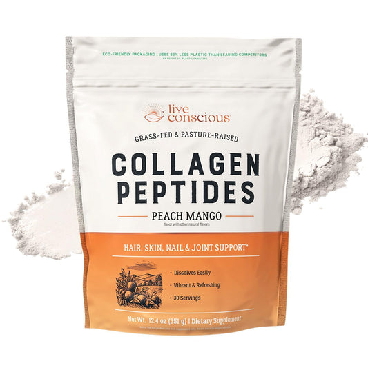 Live Conscious Collagen Peptides Powder - Peach Mango Flavored Collagen Powder - Hair, Skin, Nail, & Joint Support - Type I & III Grass-Fed Collagen Supplements