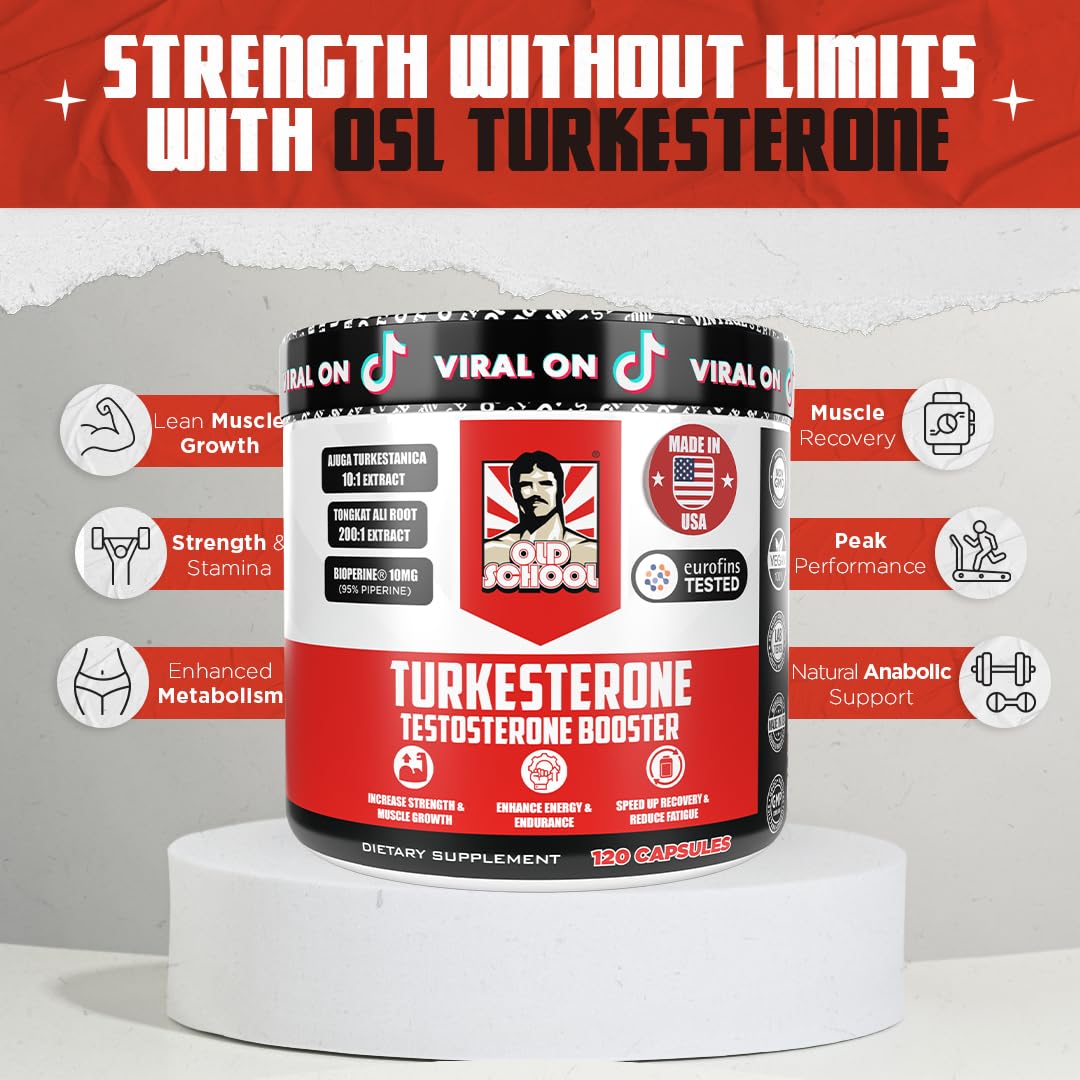 Old School Labs  Supplement for Men – Max Potency Tongkat Ali with BioPerine® for Max Absorption, Supports Muscle, Strength, Recovery, Drive & Stamina – Turkesterone, 120 Capsules
