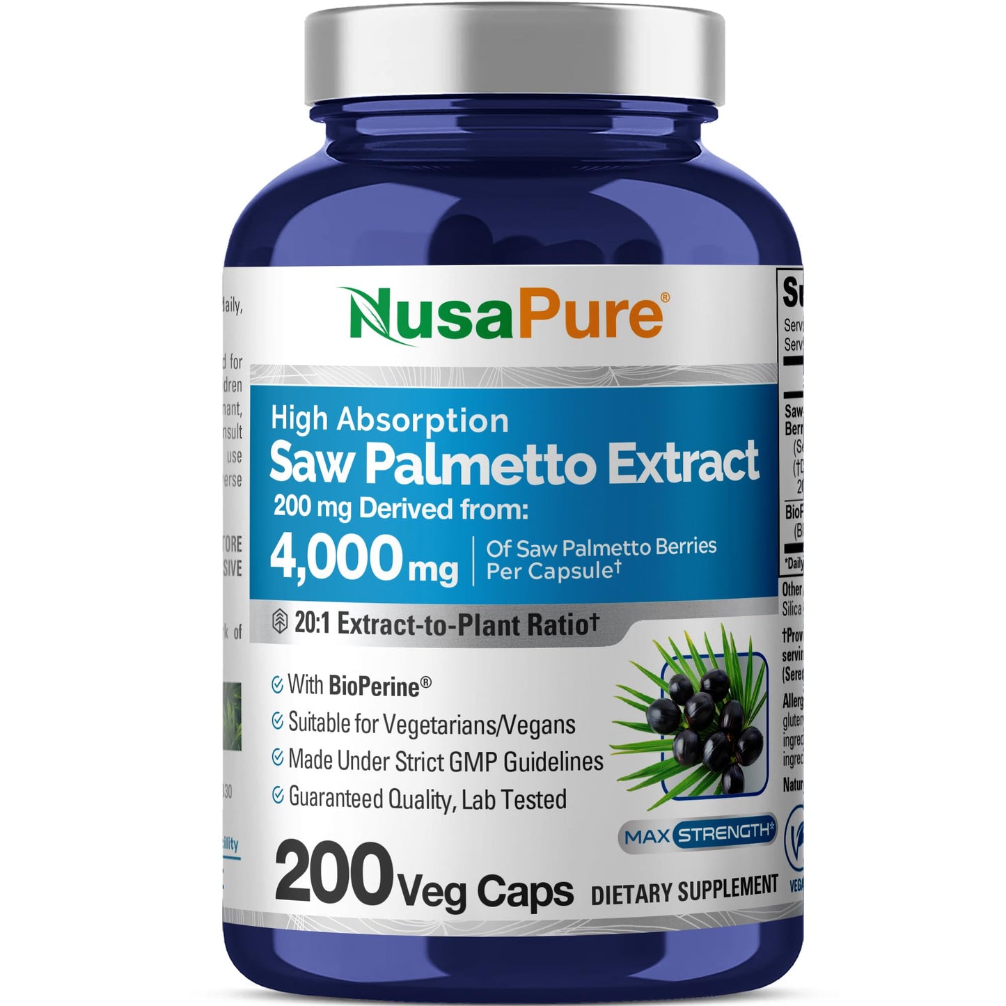NusaPure Saw Palmetto 20:1 Extract, 200 mg Equivalent to 4,000 mg per Veggie Caps 200 Count Non-GMO, Vegan, Vegetarian, Bioperine NusaPureBuy Supplements Australia