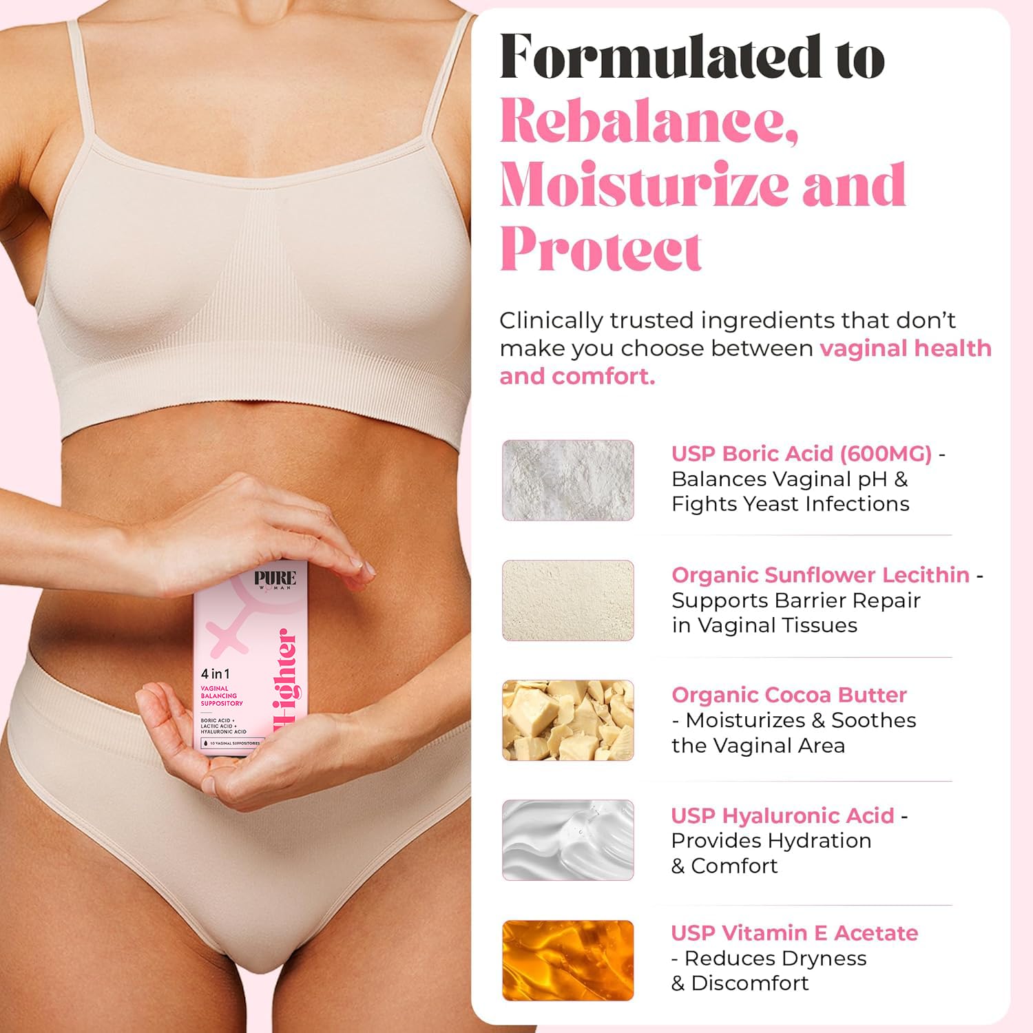 PURE WOMAN - pH-ighter Vaginal Boric Acid Suppositories for Women - Hyaluronic Acid - 4 in 1 Vaginal Suppositories for Discomfort, Dryness, Odor & pH Balance- Full Vaginal Health Care - 10ct PURE WOMANBuy Supplements Australia