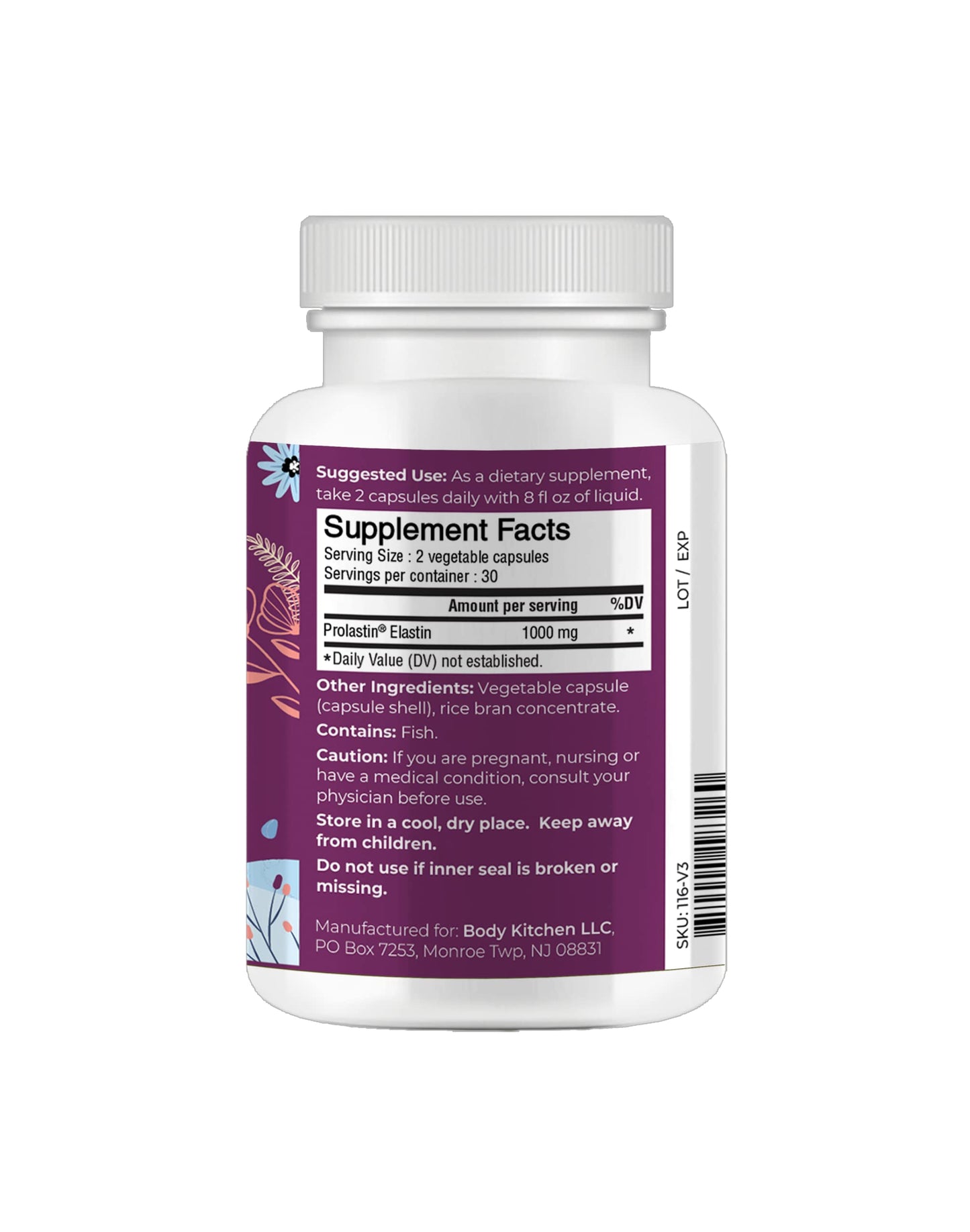 Body Kitchen Pro-Elastin 1000 mg Elastin Supplement, Reduce Signs of Aging, Improved Skin Health, Firmness & Elasticity, Fewer Wrinkles, Veggie Caps (Pack of 3) Body Kitchen buy supplements Au