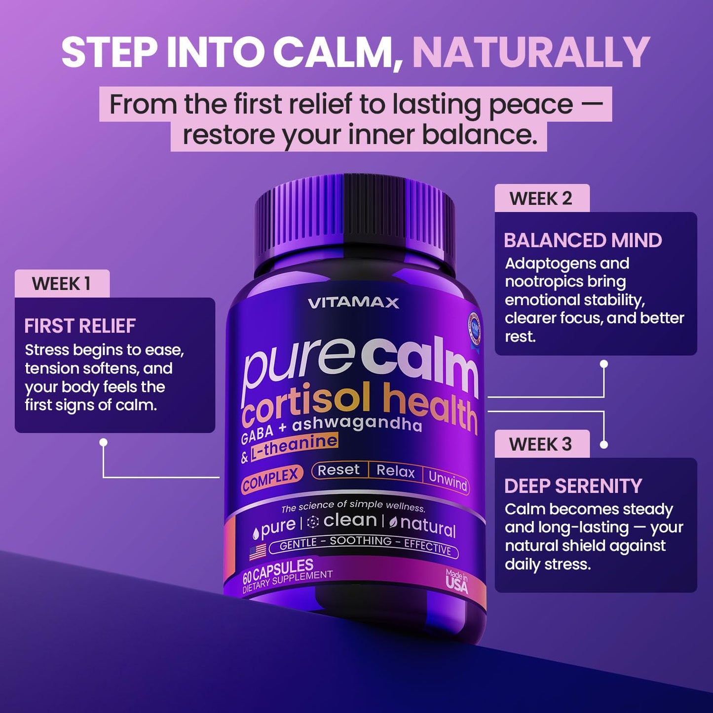 Vitamax Pure Calm Cortisol Supplements for Women - L Theanine, Ashwagandha, GABA for Relaxation, Mood & Stress Support with Ginkgo Biloba, Bacopa Monnieri, 5-HTP – Non-GMO, Made in USA – 60ct VitamaxBuy Supplements Australia