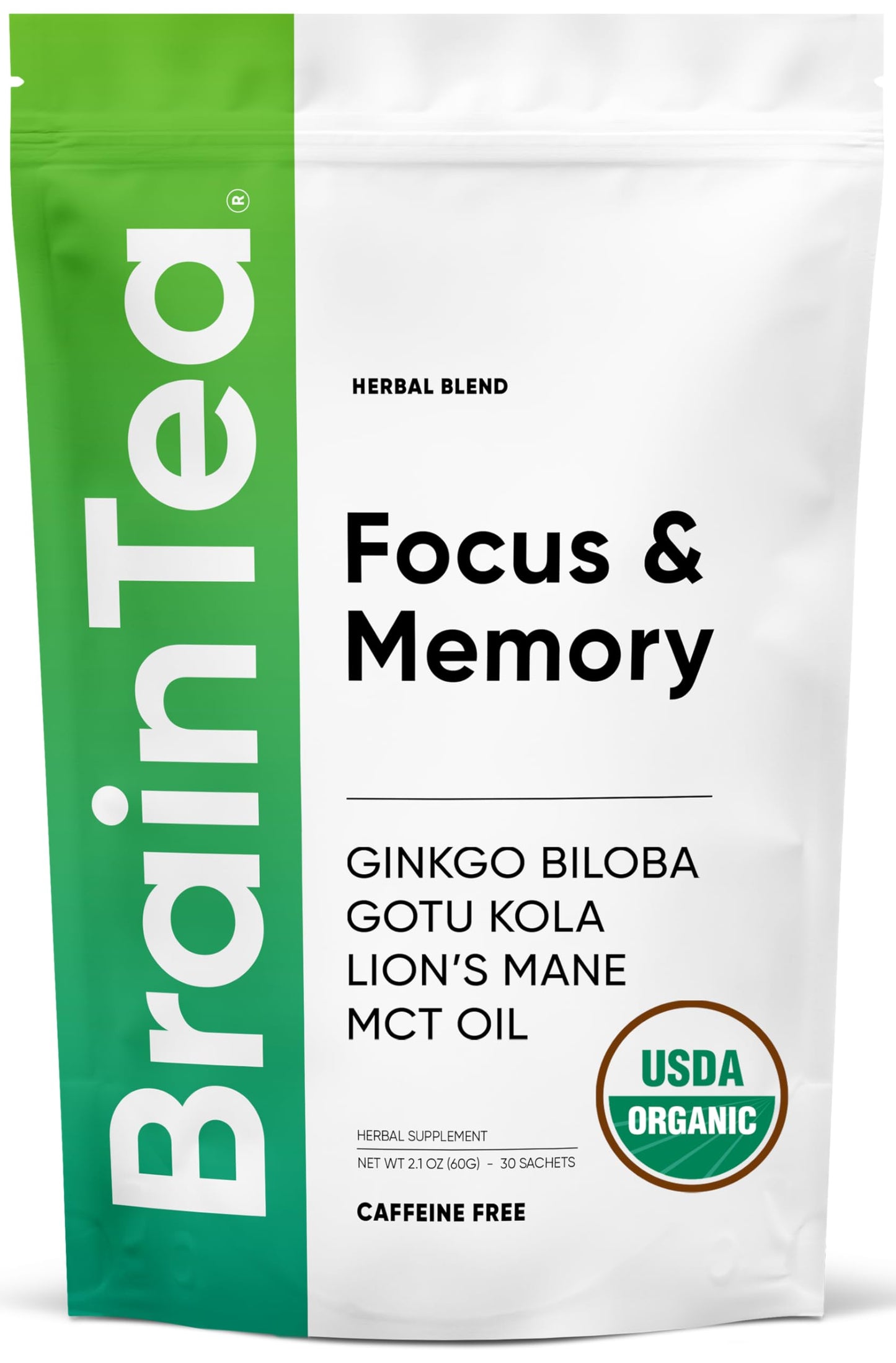 Brain Tea Focus & Memory - Brain Tea Organic Certified 4-in-1 Nootropic Herbal Supplement with Ginkgo Biloba, Gotu Kola, Lion’s Mane Mushroom, MCT Caffeine-Free for Mental Clarity (30 Sachets) Brain TeaBuy Supplements Australia