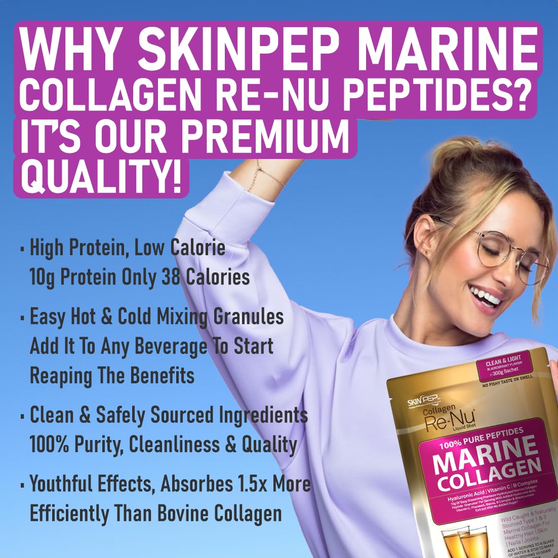 Premium Hydrolysed Marine Collagen Peptide Powder + VIT C, B Complex Hyaluronic Acid, & Stevia. Delicious Taste/No Fishy Smell - SkinPep® Collagen Re-Nu 300g - 30 Days Supply SkinPepBuy Supplements Australia