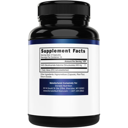 NAD Supplement (500mg of 95% Pure NAD+ Per Serving) NMN Supplement, NAD Nicotinamide Riboside Support (Third Party Tested, Vegan Safe, Non-GMO, No Fillers, & Made in the USA - 30 Vegan Capsules) DORADO NUTRITIONBuy Supplements Australia