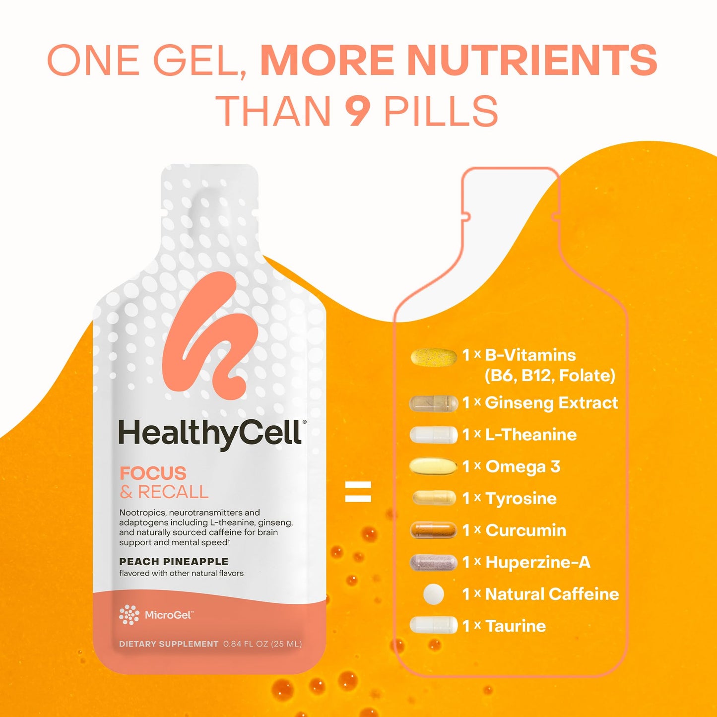 Healthycell Focus & Recall, Daily Liquid Brain Supplement for Focus & Memory - Nootropics Supplement for Concentration & Alertness with L-Theanine, Omega-3 & Taurine - 14 Gel Packs HealthycellBuy Supplements Australia