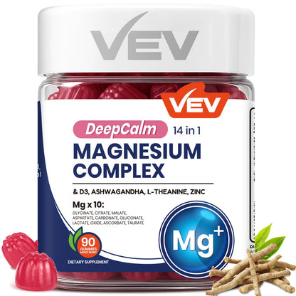 VEV Deep Calm Magnesium Complex 14-in-1 Gummies with Ashwagandha, L-Theanine, Vitamin D3 & Zinc for Women and Men, Vegan Magnesium Glycinate Gummies, 90 Gummies, Pack of 1 VEVBuy Supplements Australia