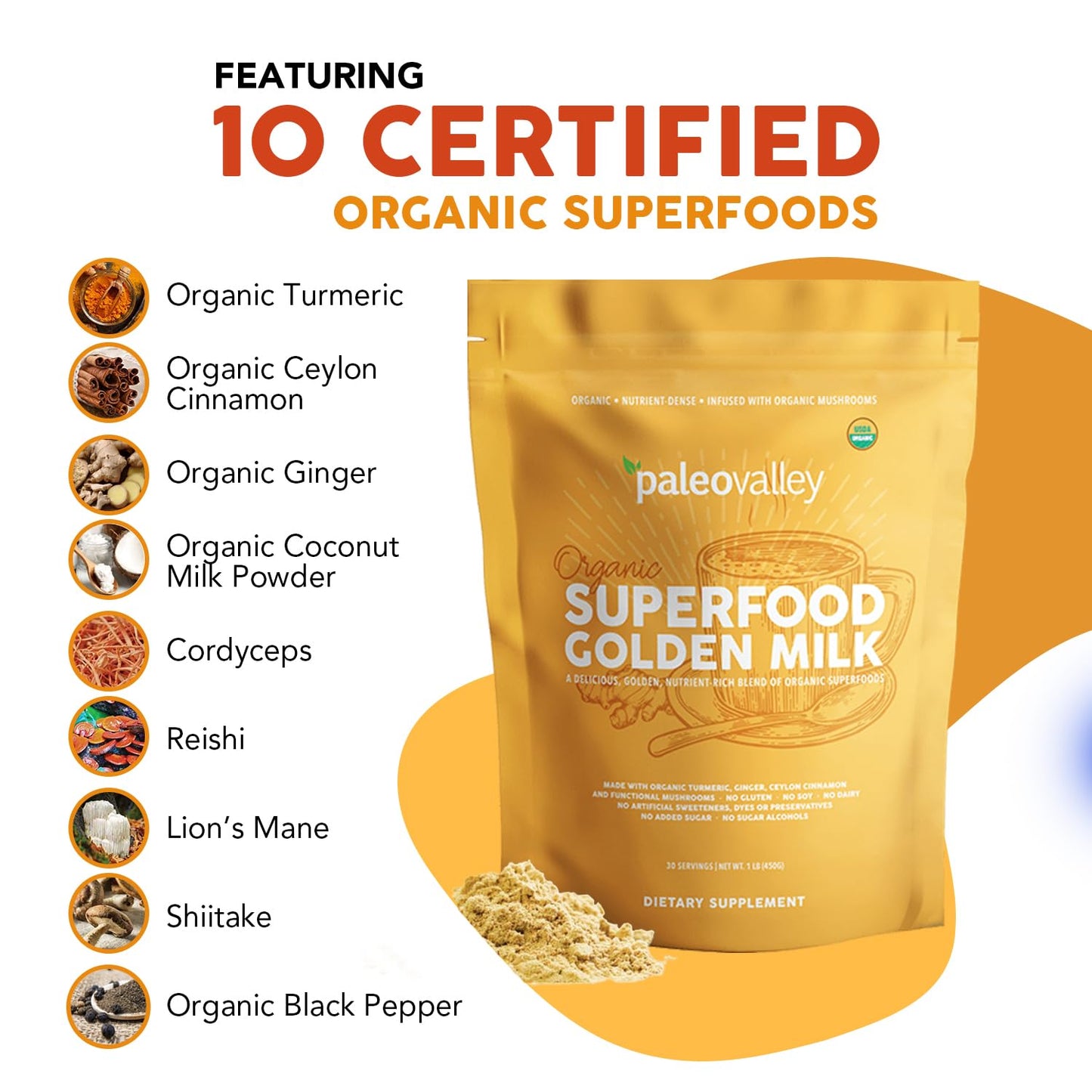 Paleovalley Organic Superfood Golden Milk - Immune, Focus, Cognitive, Longevity - Turmeric, MCT-Rich Coconut Milk, Functional Mushrooms, 30 Servings PaleovalleyBuy Supplements Australia