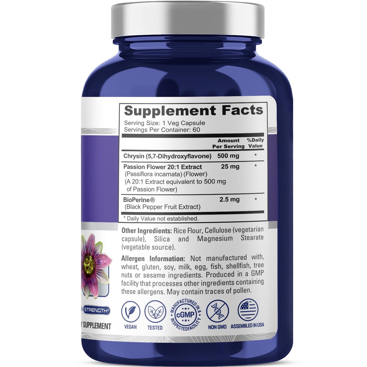 NusaPure Chrysin 500mg, 60 Veggie Capsules | Passion Flower Complex 500mg Supplement | 5, 7-Dihydroxyflavone | Concentrated Extract | Non-GMO, BioPerine & Vegan NusaPureBuy Supplements Australia
