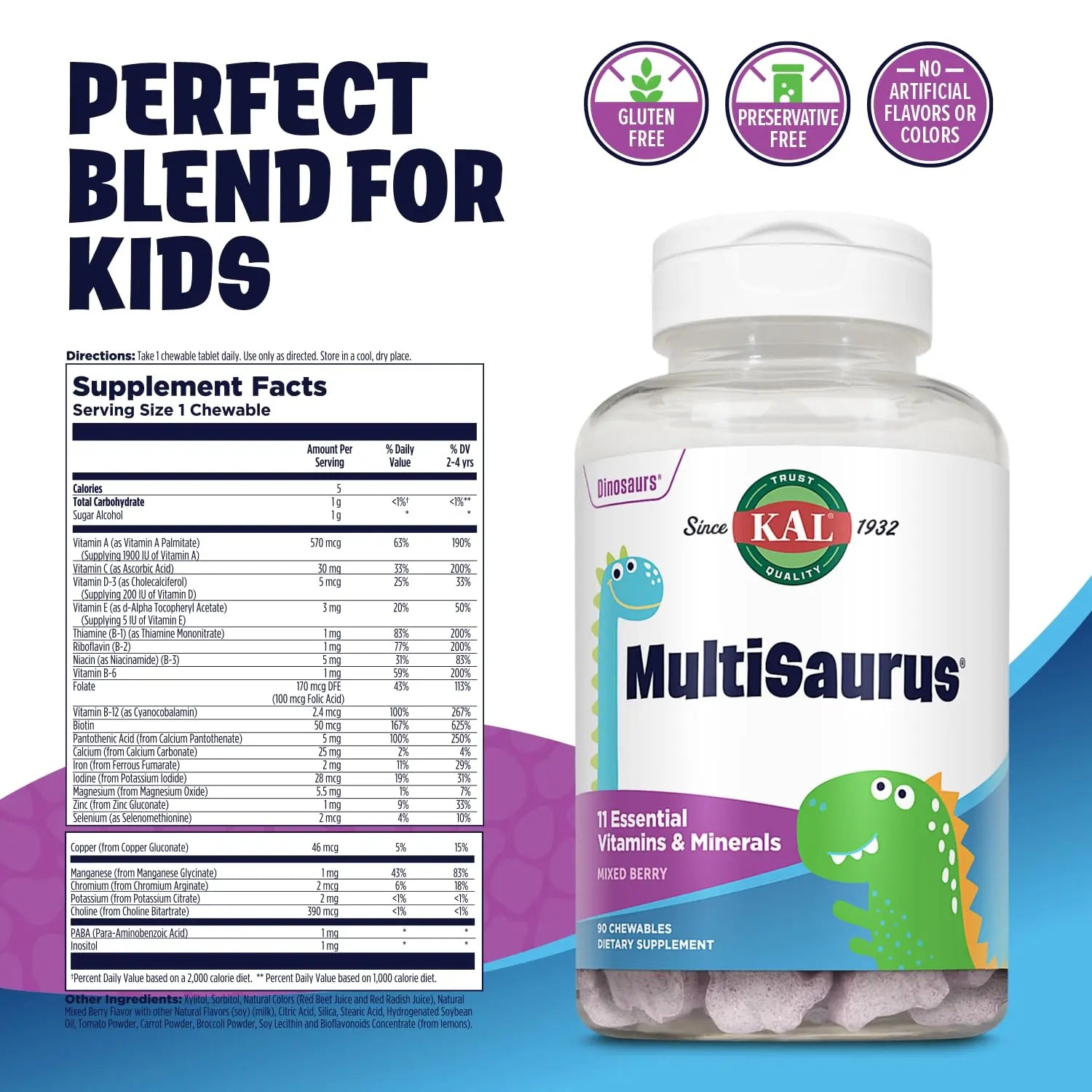 KAL MultiSaurus Kids Chewable Multivitamins, 11 Essential Vitamins and Minerals for Kids, Mixed Berry Flavor, Gluten and Preservative Free KAL