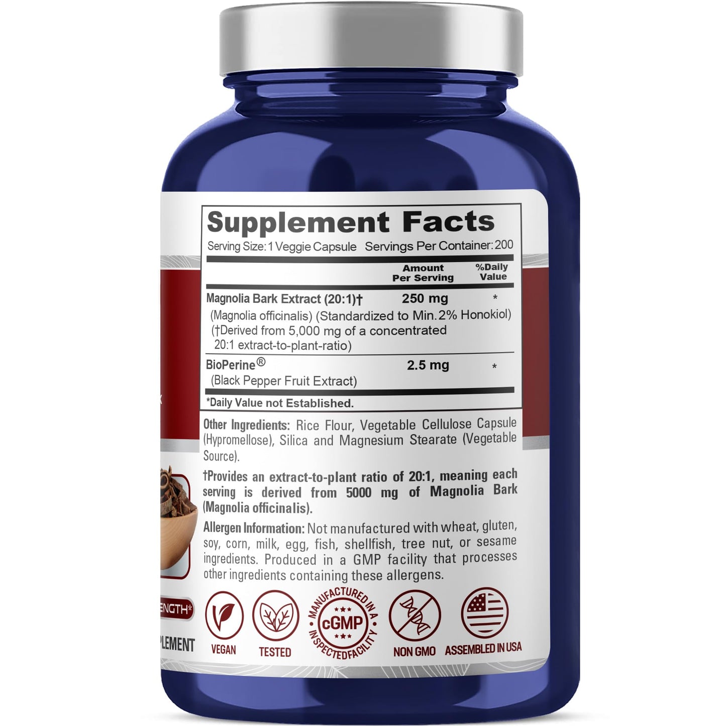NusaPure Magnolia Bark 20:1 Extract, 250 mg Equivalent to 5,000 mg 200 Vegan Vegetarian Capsules Non-GMO NusaPureBuy Supplements Australia