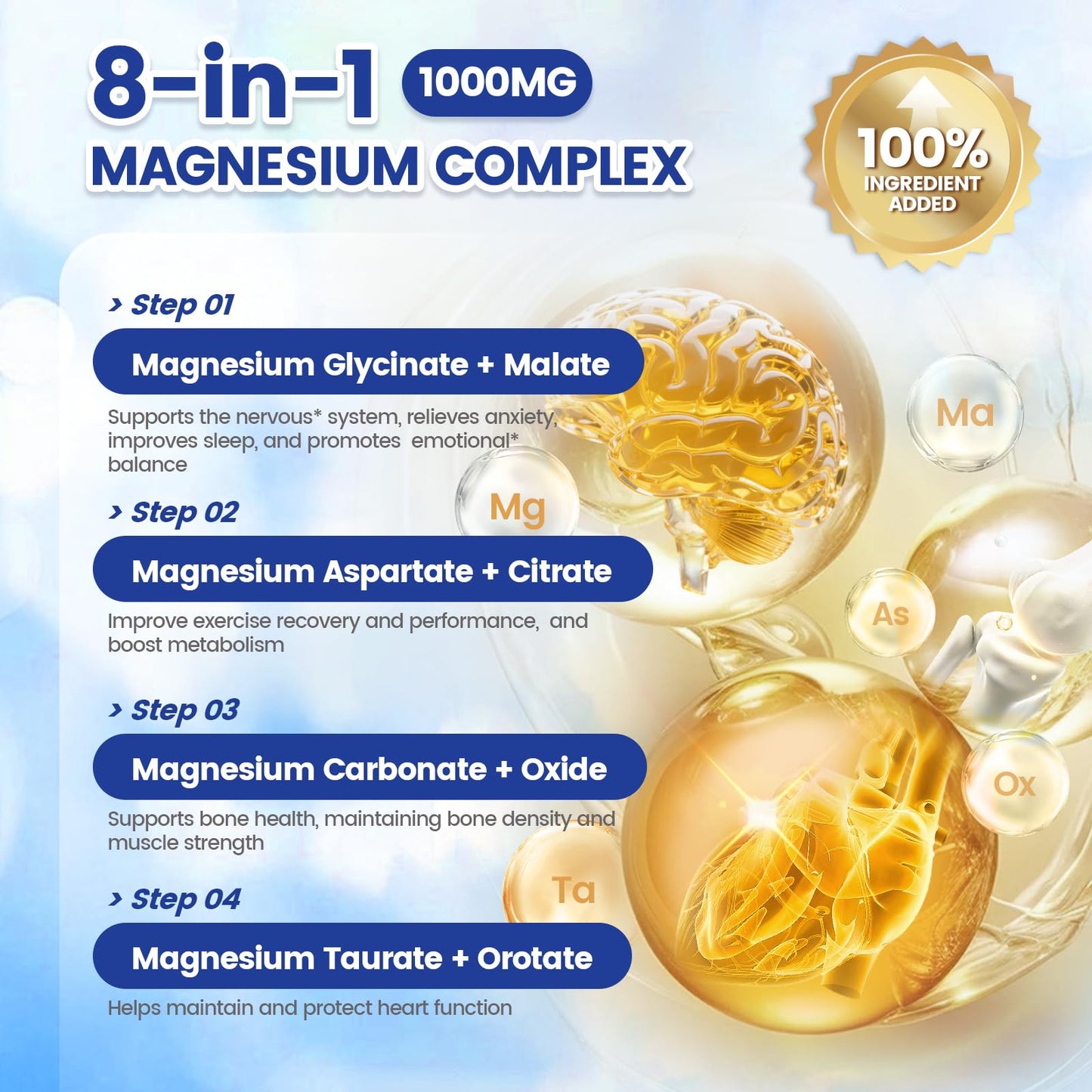 1000mg Magnesium Complex Capsules, 8-in-1 Magnesium Glycinate, Citrate, Malate, Taurate, Oxide, Carbonate, Aspartate, Orotate - 240 Capsules