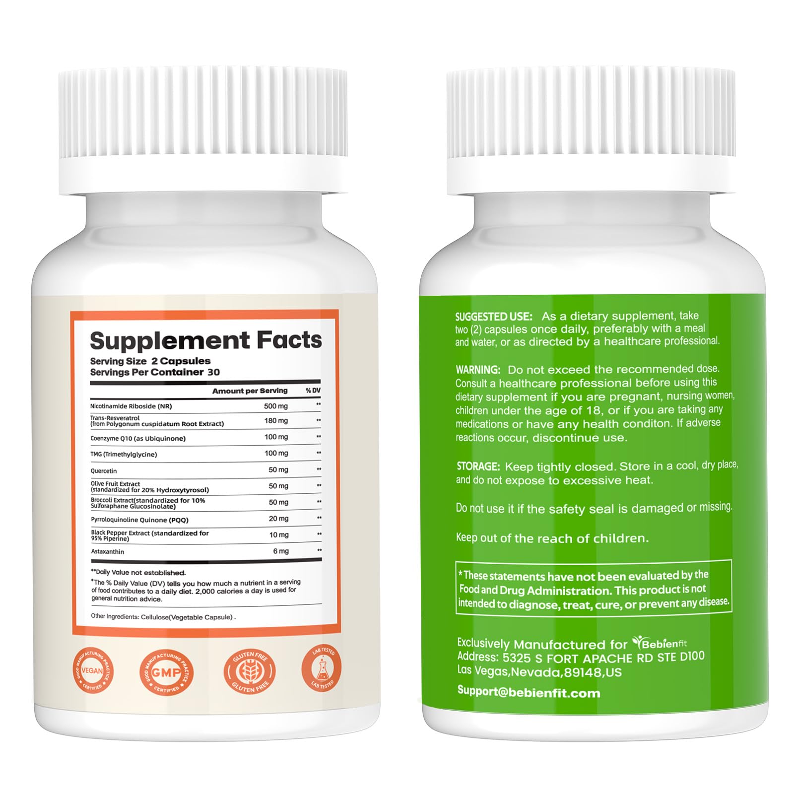 Nad Supplement for Healthy Aging | Energy| Antioxidant| Skin Health| Focus ,10-in-1 Formula with NR,Trans-Resveratrol,CoQ10,Astaxanthin,PQQ,TMG,Quercetin,Olive Fruit Nad+ for Women Men,60 Vegan Caps Bebien fitBuy Supplements Australia