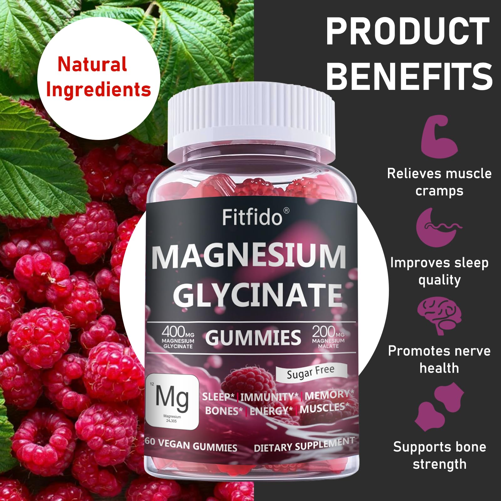 Magnesium Glycinate Gummies 400mg, Chewable Sugar Free Magnesium Supplement with Magnesium Glycinate, Magnesium Malate and Protein for Sleep, Relaxation, Brain & Muscle - Vegan (60 Count, Raspberry) FitfidoBuy Supplements Australia