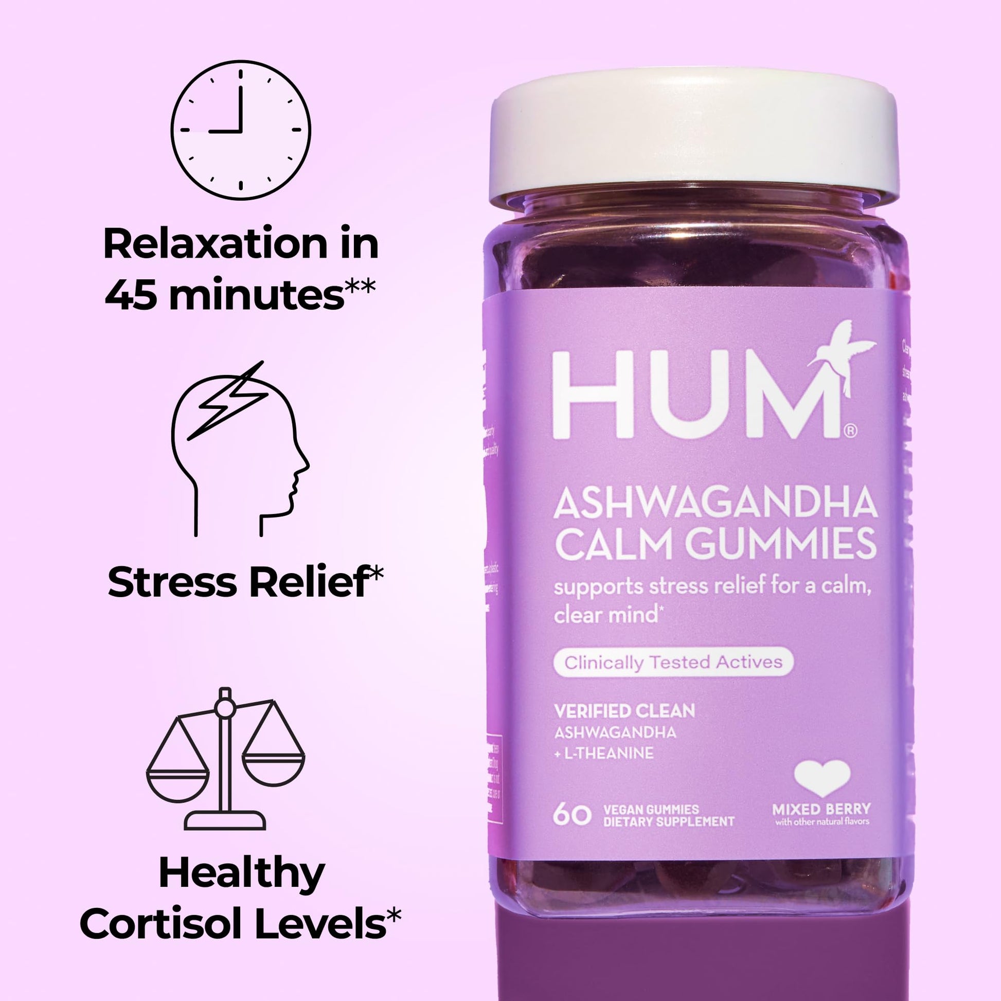 HUM Calm Ashwagandha Gummies for Women and Men, L-Theanine Ashwagandha Supplements for Daily Relaxation & Clarity Support, Vegan Fast Acting Gummy Formula, Mixed Berry Flavor, 60 Gummies HUMBuy Supplements Australia