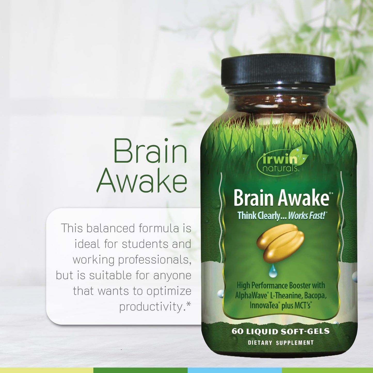 Irwin Naturals Brain Awake Enhanced Mental Performance, Increased Focus, Boost Clarity & Concentration - Powerful Nootropic Booster with L-Theanine, Bacopa, MCT's & InnovaTea - 60 Liquid Softgels Irwin NaturalsBuy Supplements Australia