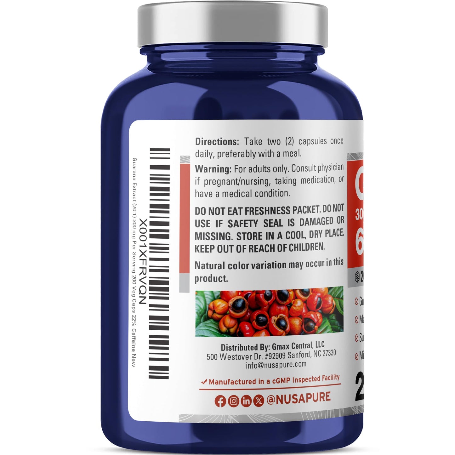 NusaPure Guarana Extract 20:1 Extract, 300 mg Equivalent to 6,000 mg per Veggie Caps 200 Count (Non-GMO, Vegan) NusaPureBuy Supplements Australia