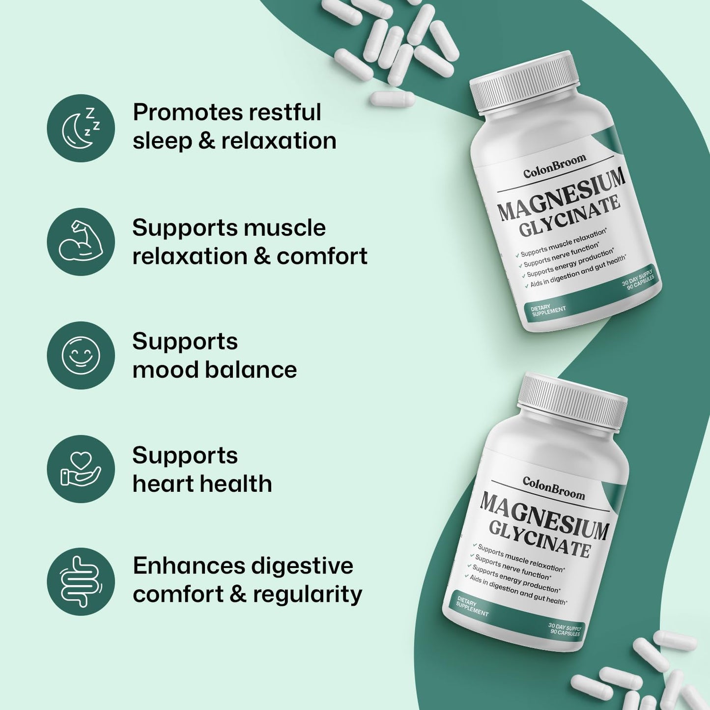 ColonBroom Pure Magnesium Glycinate Capsules | Supplement for Sleep, Heart & Muscle Support | Non-GMO, Gluten Free, Vegan & Sugar-Free | 1 Month Supply (90 Capsules) ColonBroomBuy Supplements Australia