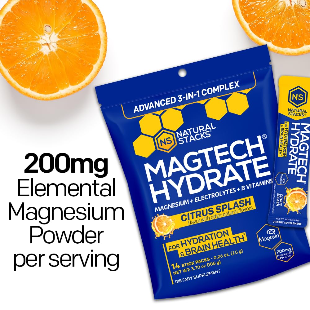 MagTech Magnesium Hydrate Packets - Sugar Free Hydration Powder - Magtein Magnesium L-Threonate, Glycinate & Taurate - 200mg Chelated Triple Complex - Supports Hydration & Brain Health* - 14 Servings NATURAL STACKSBuy Supplements Australia