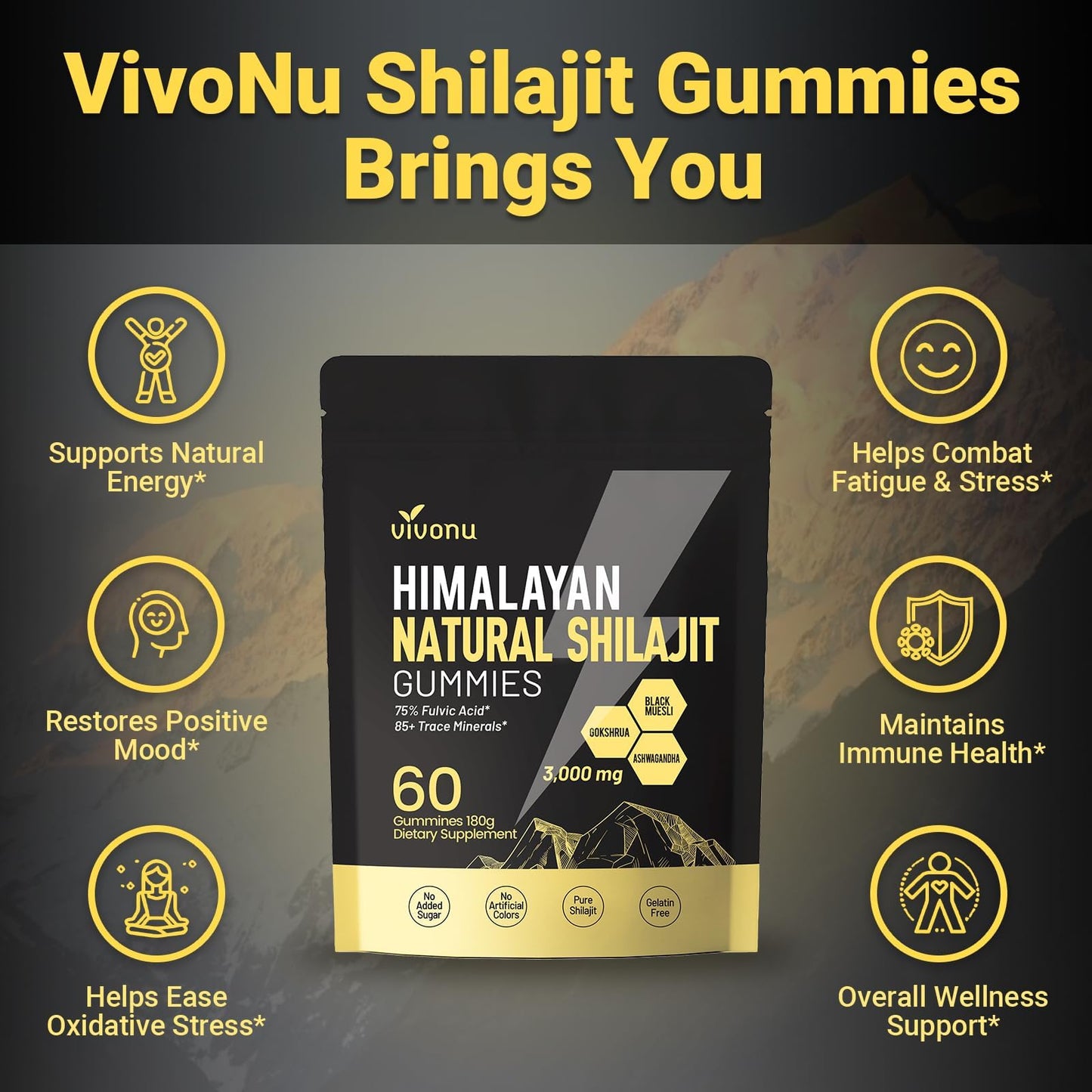 Himalayan9 Shilajit Gummies with Ashwagandha & Gokshura | 85+ Trace Minerals & Fulvic Acid | Organic, Non-GMO Micronutrient Supplement