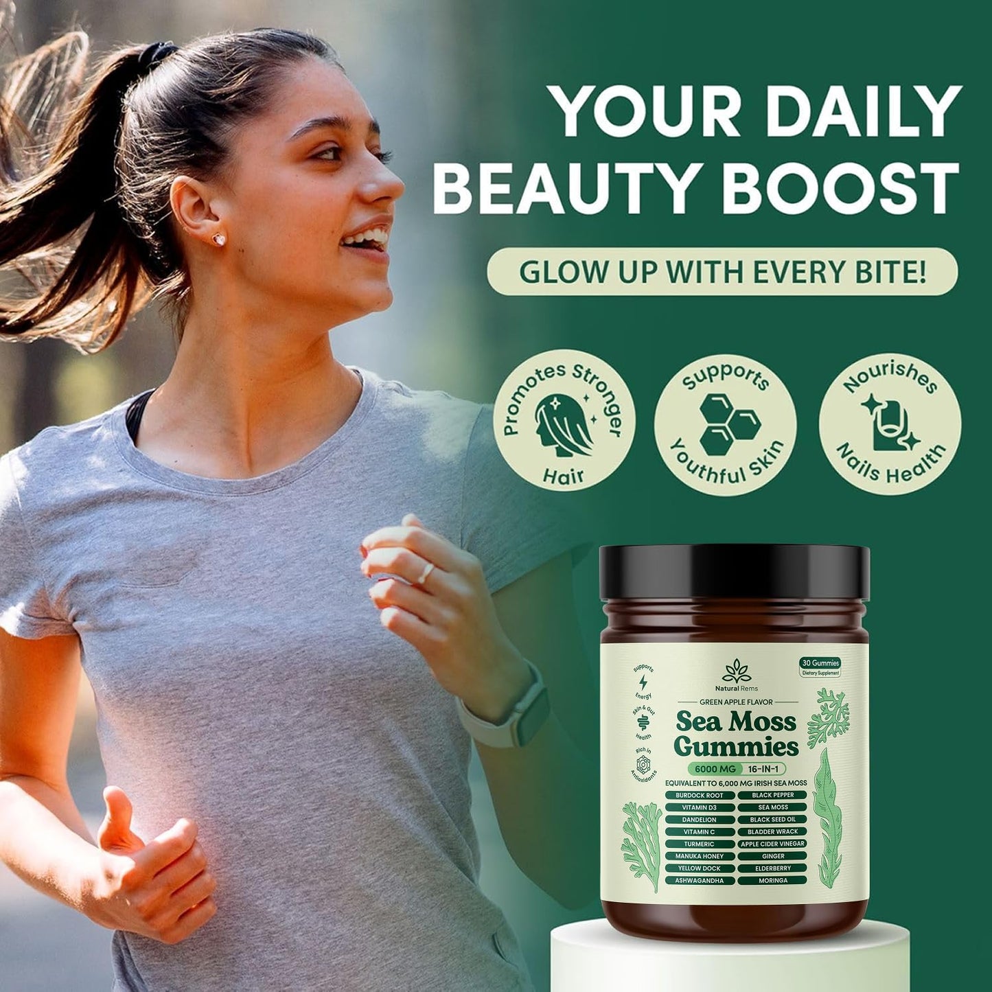 Natural Rems Sea Moss Gummies 16-in-1 - Ashwagandha Black Seed Oil Bladder Wrack Turmeric Vitamin C & D3 with Manuka Burdock Root Dandelion Yellow