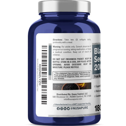 NusaPure Black Seed Oil 2000mg per Serving - 180 Softgel Caps (Non-GMO, Gluten-Free) Cold-Pressed Nigella Sativa NusaPureBuy Supplements Australia