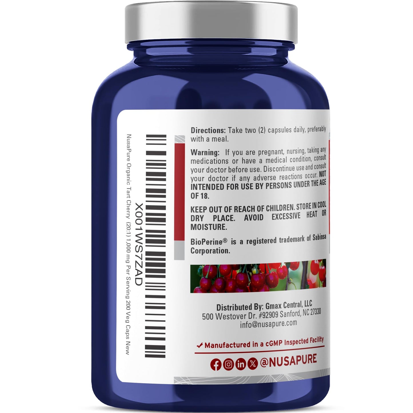 NusaPure Organic Tart Cherry 20:1 Extract, 1000 mg Equivalent to 20,000 mg 200 Veggie Caps (Vegan, Non-GMO) Bioperine NusaPureBuy Supplements Australia