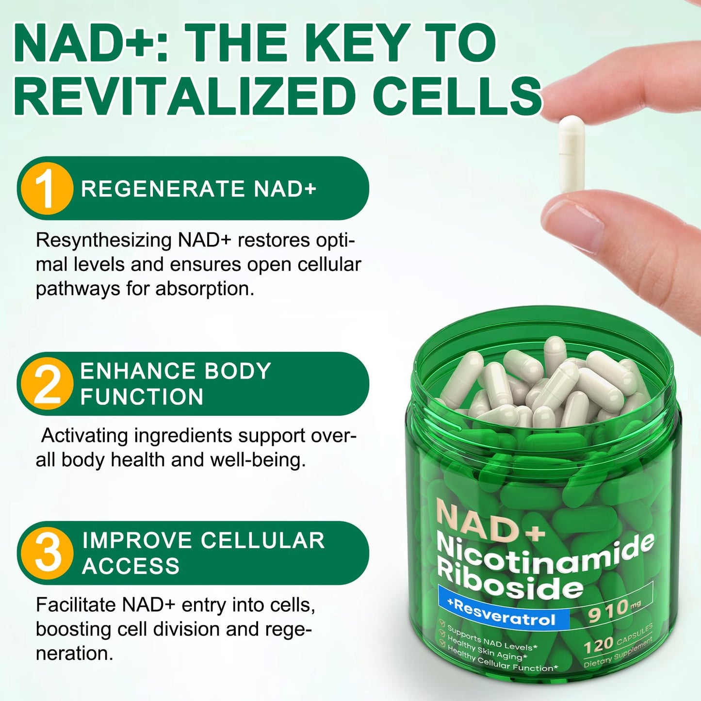 NAD Supplement 120 Capsules, Liposomal Nicotinamide Riboside, Resveratrol, Quercetin, NAD Nicotinamide Riboside Resveratrol 910mg for Women & Men, NAD Supplement for Anti Aging and Cell Regeneration RHBESTOKBuy Supplements Australia