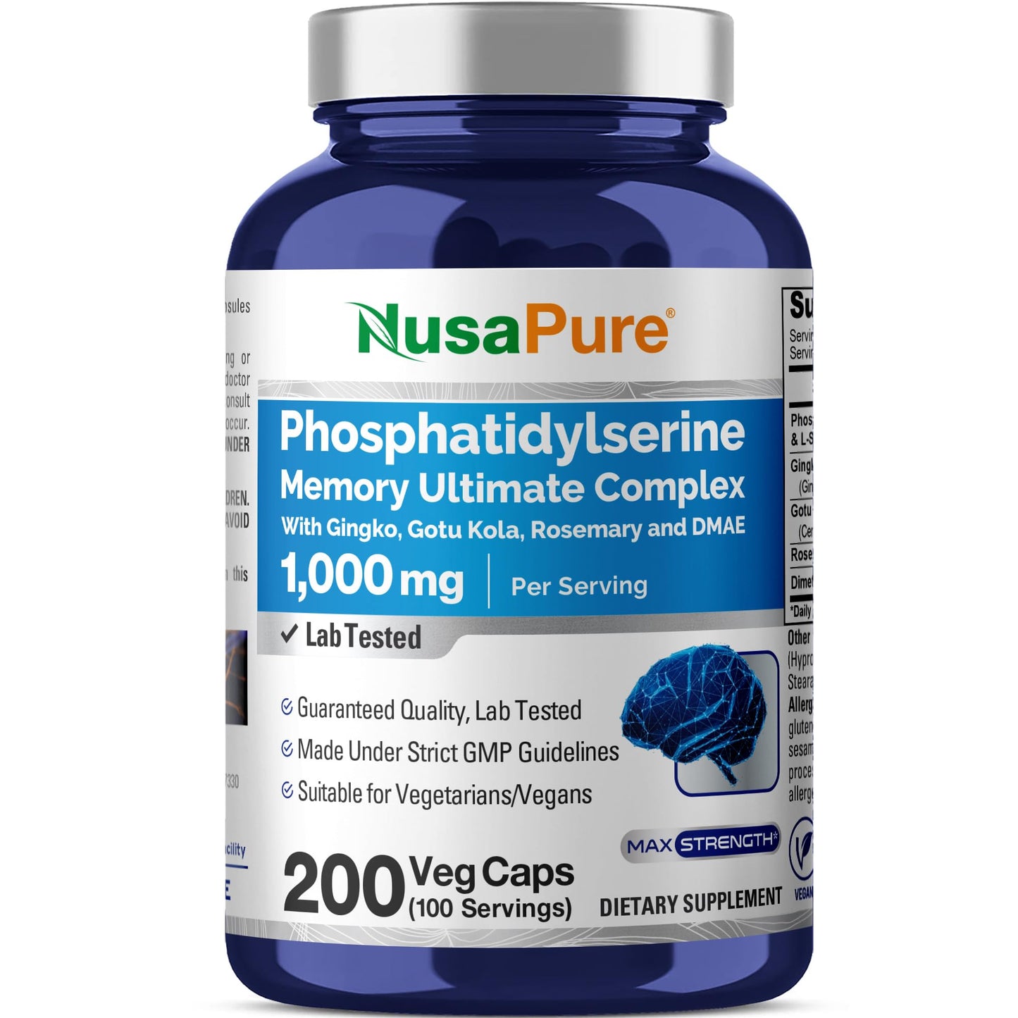 NusaPure Phosphatidylserine Memory Ultimate Complex 1000mg 200 Vegetarian Caps (Vegan, Non-GMO) NusaPureBuy Supplements Australia