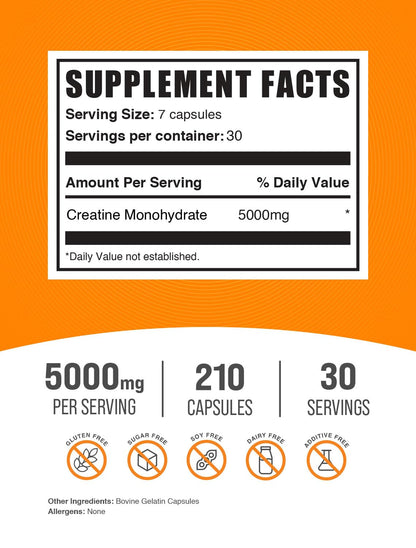 BulkSupplements.com Creatine Monohydrate Capsules - Micronized Creatine Monohydrate, Sports Nutrition - 7 Capsules per Serving, 5000mg, Gluten Free, 210 Count (Pack of 1) BulkSupplementsBuy Supplements Australia