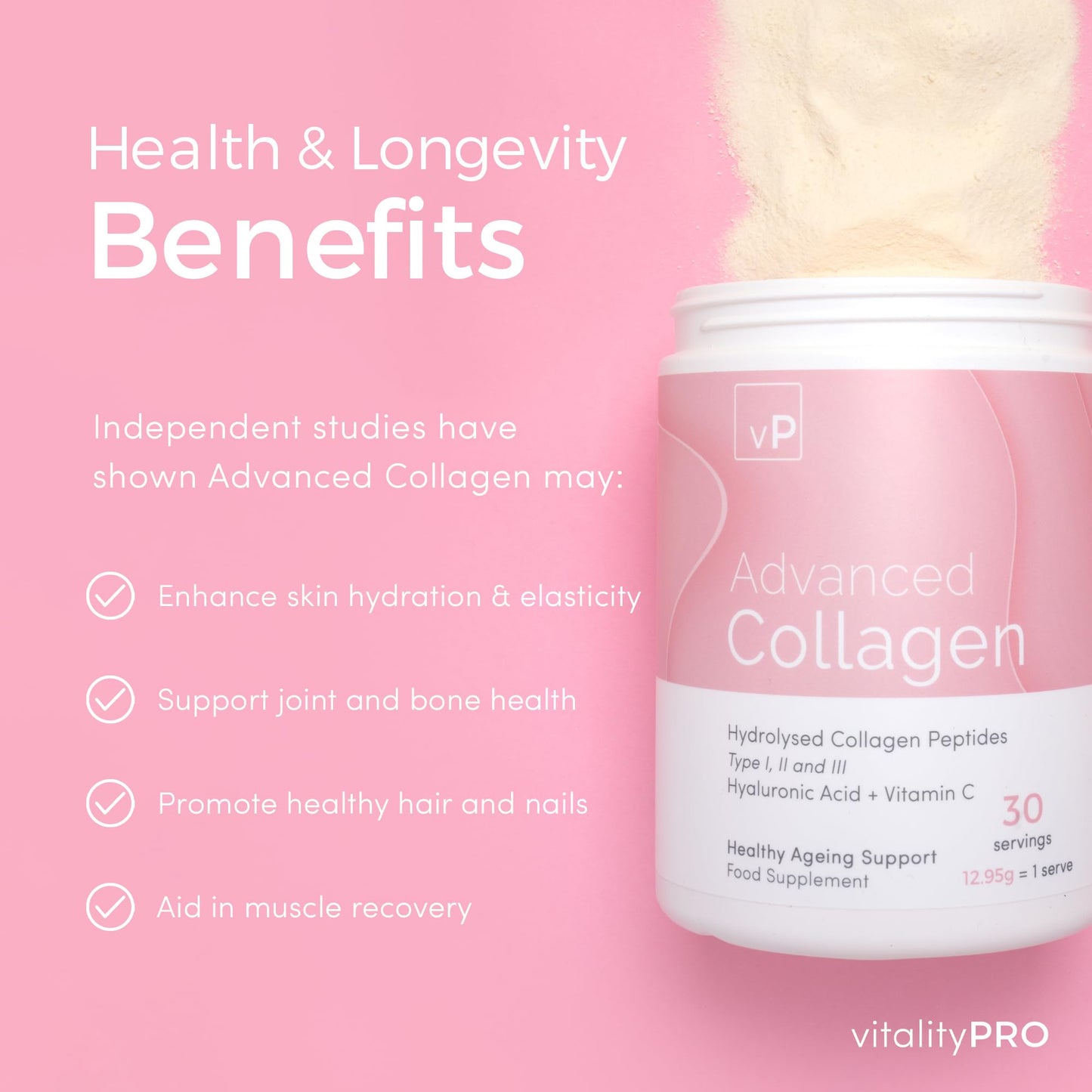 Advanced Collagen with Hyaluronic Acid - 12.95g x 30 Servings - Type 1 2 3 vP Vitality ProBuy Supplements Australia