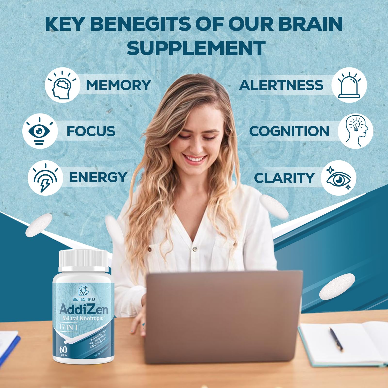 17-in-1 Brain Supplement for Memory and Focus | Natural Nootropics Brain Supplement for Brain Cognition, Energy | High Absorption | L-Theanine, Phytonutrient Blend and Vitamins B6, B12 | 60 Tablets SehatiKuBuy Supplements Australia