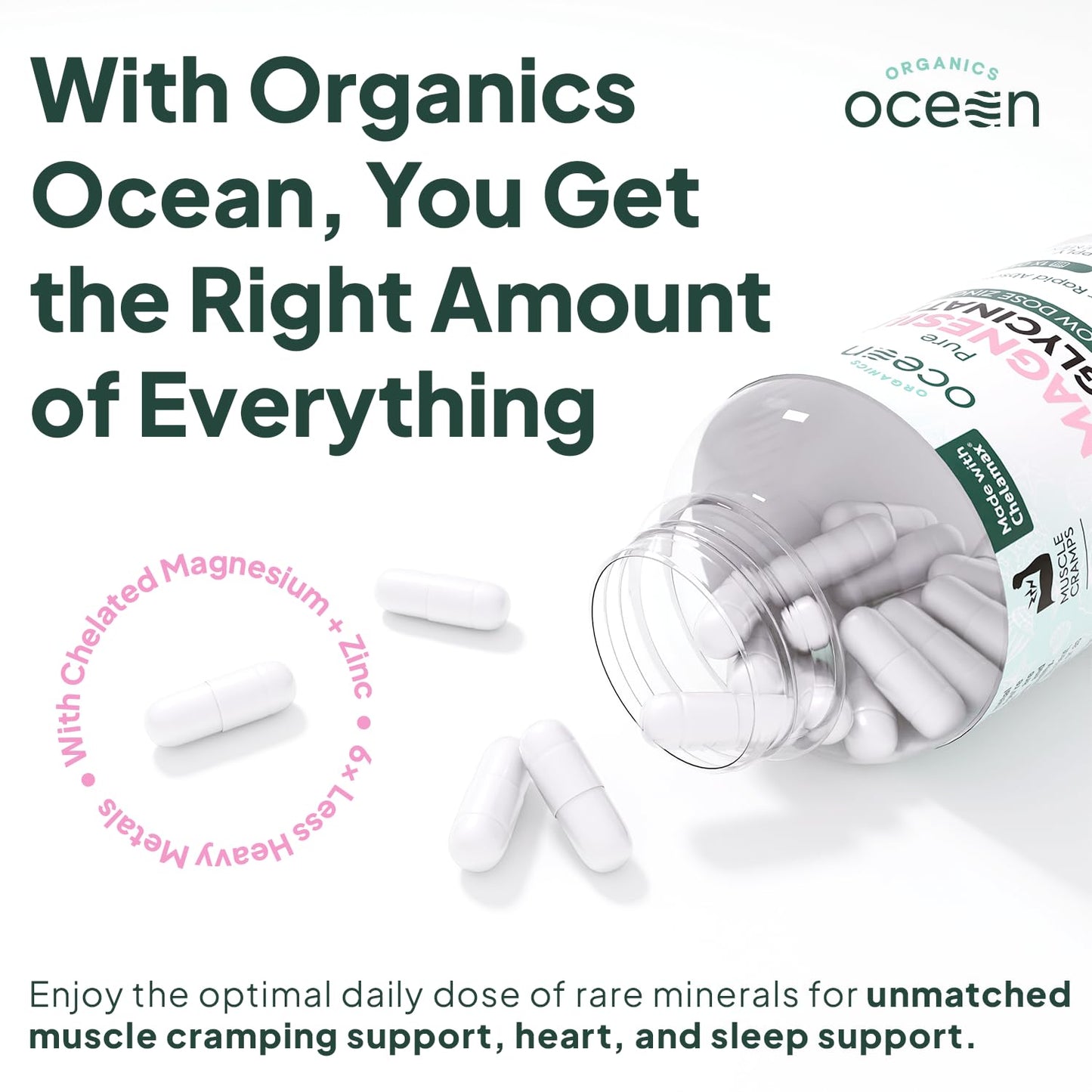 Organics Ocean Pure Magnesium Glycinate with Zinc - Maximum Strength Chelated Magnesium Supplement for Women and Men for Muscle Cramps and Sleep Support - 3 Bottles Organics OceanBuy Supplements Australia