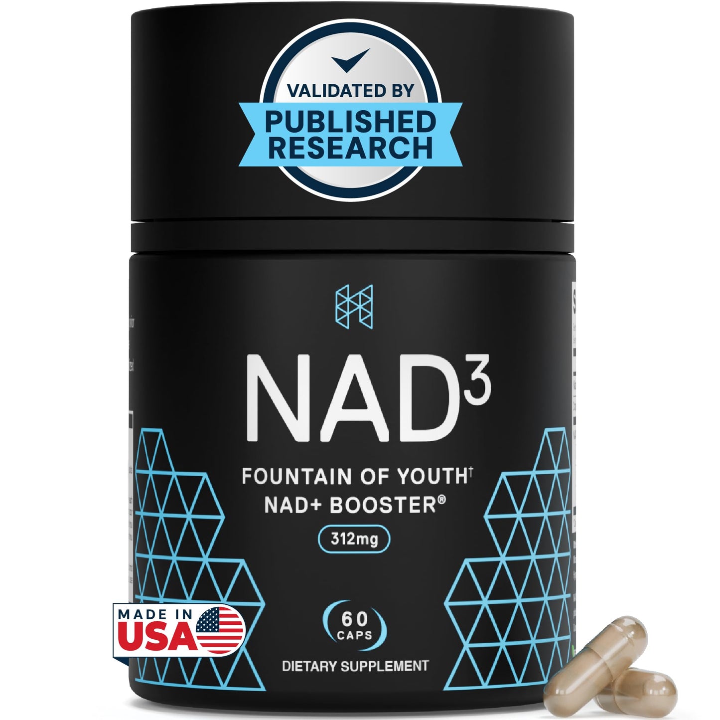 NAD3 supplement container with capsules on a white background