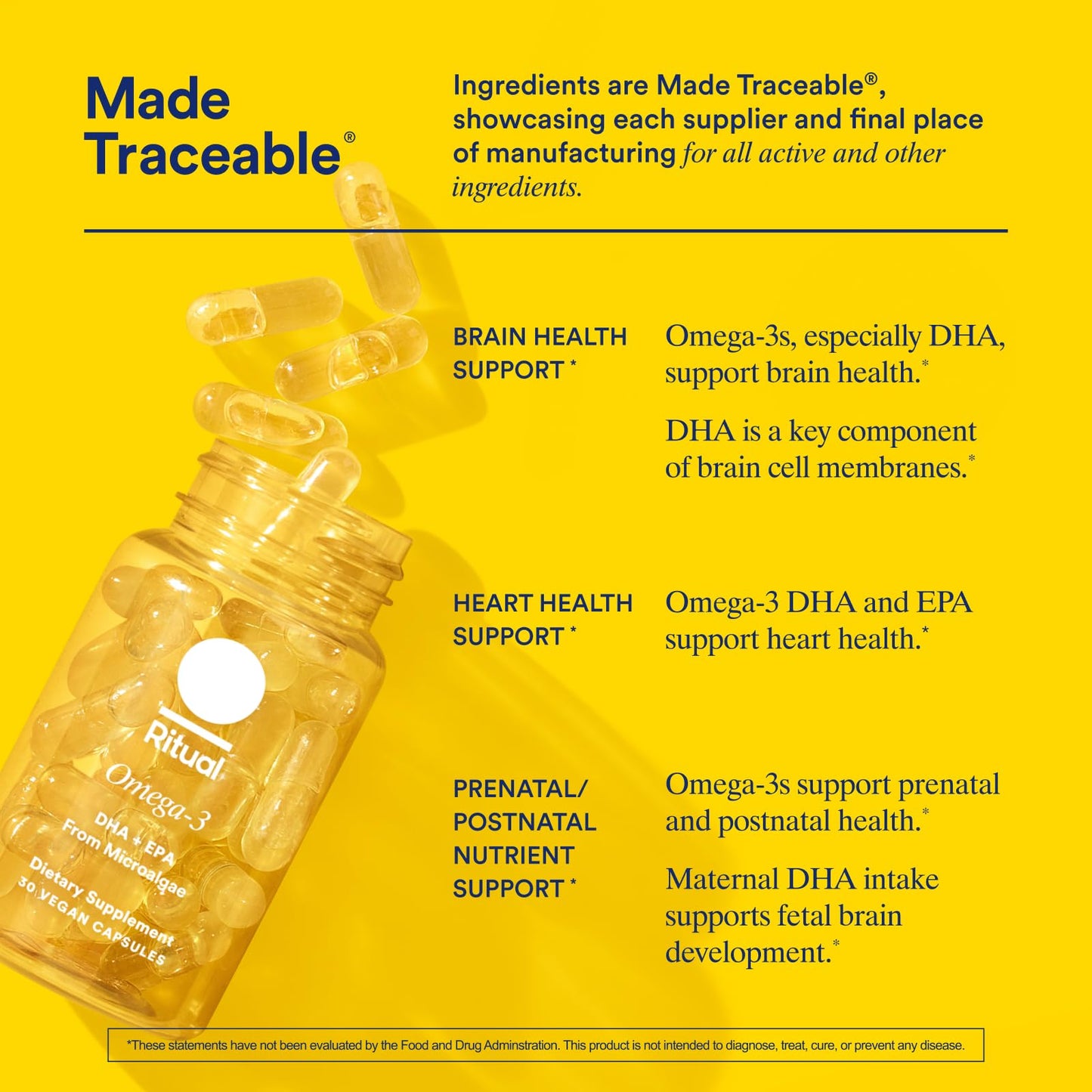 Ritual Omega 3 - Vegan - Science-Backed Dose of DHA & EPA Fatty Acids in 2:1 Ratio, Bioavailable, Brain and Heart Health Support, Minimal Burp-Back, Sustainably Sourced Microalgae, 30 Day Supply RitualBuy Supplements Australia
