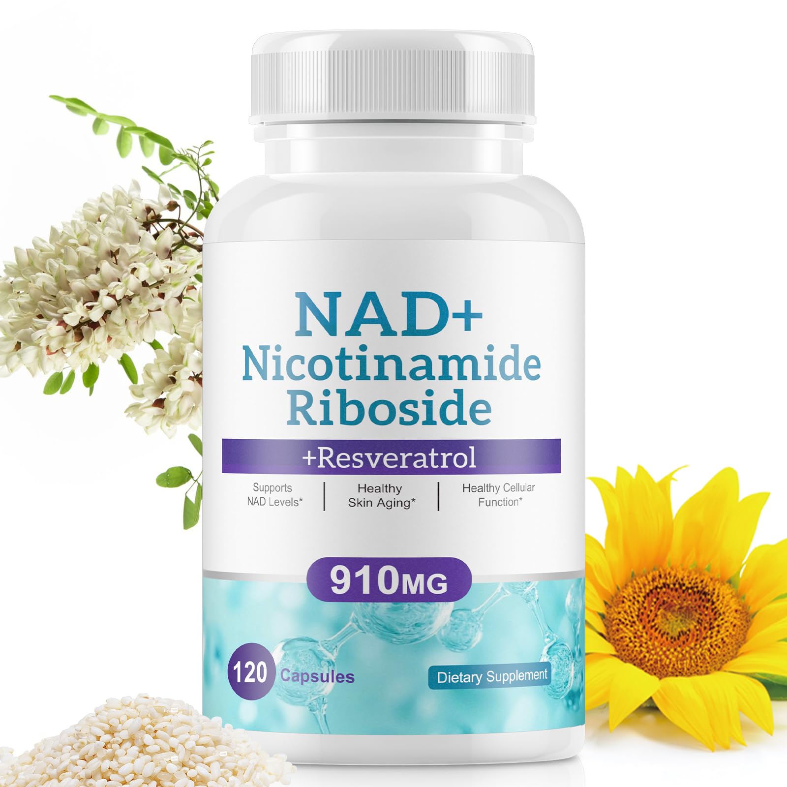 Supplement bottle labeled NAD+ Nicotinamide Riboside with flowers on a white background
