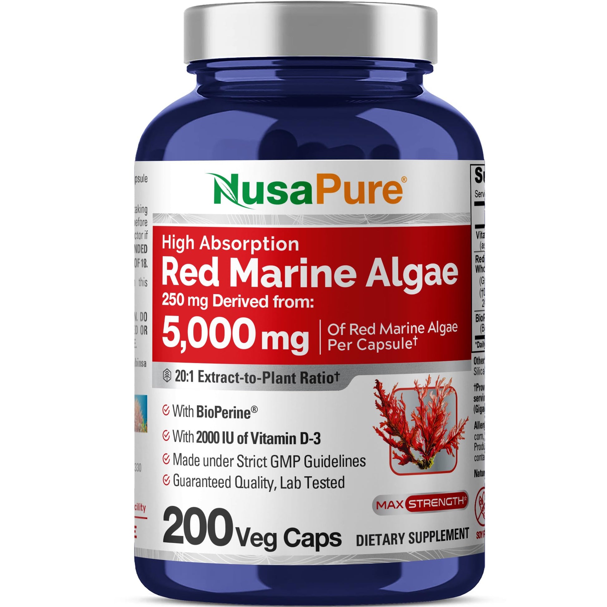 NusaPure Red Marine Algae 20:1 Extract, 250 mg Equivalent to 5,000 mg 200 Veggie Capsules (Non-GMO & Soy Free) Bioperine NusaPureBuy Supplements Australia
