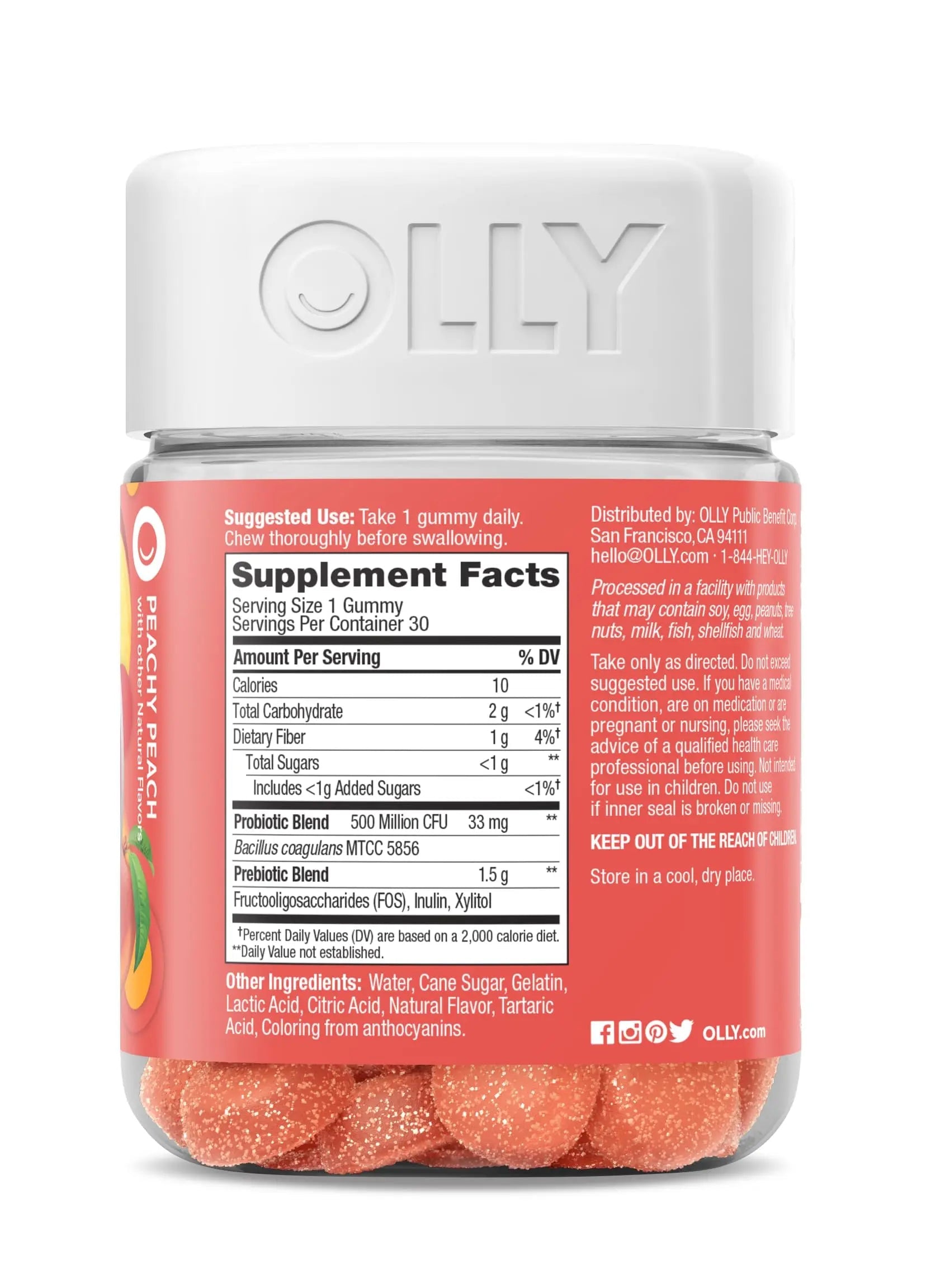 OLLY Probiotic + Prebiotic Gummy, Digestive Support and Gut Health, 500 Million CFUs, Fiber, Adult Chewable Supplement for Men and Women, Peach, 30 Day Supply - 30 Count OLLYBuy Supplements Australia