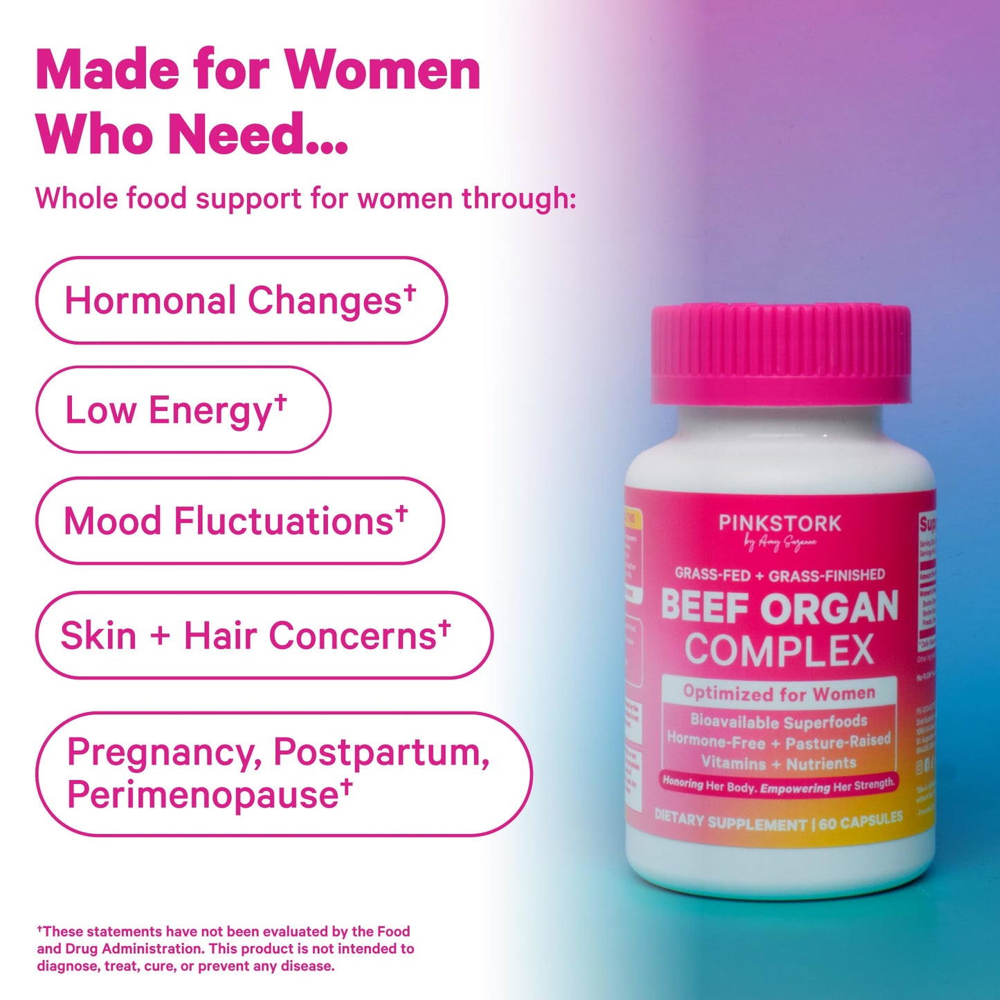 Pink Stork Beef Organ Supplement for Women | Grass-Fed Beef Liver Capsules with Iron, B12, CoQ10, Vitamin A | Primal Multivitamin for Female Hormone + Energy Support | 60 Capsules Pink StorkBuy Supplements Australia