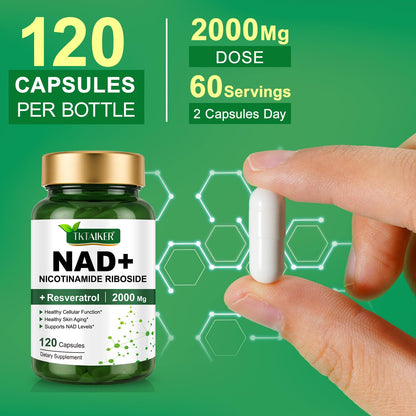 TKTALKER NAD Supplement 2000 Mg - 120 Capsules True NAD & Resveratrol, NMN Alternative Liposomal NAD+ for Women & Men, Support Cellular Health