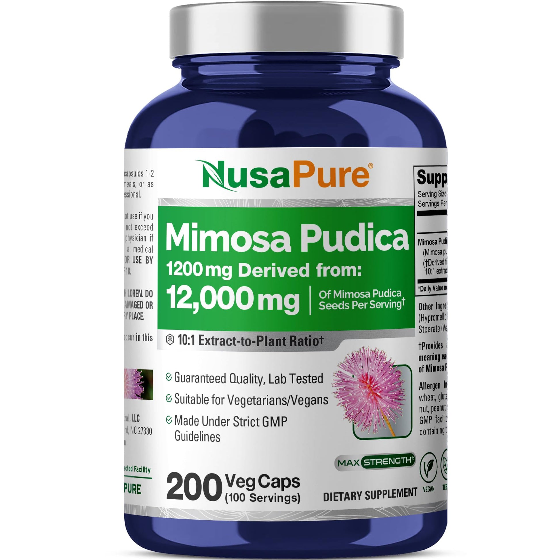 NusaPure Mimosa Pudica Seed 10:1 Extract, 1200 mg Equivalent to 12,000 mg 200 Veg Capsules (Non-GMO, Vegan) NusaPureBuy Supplements Australia