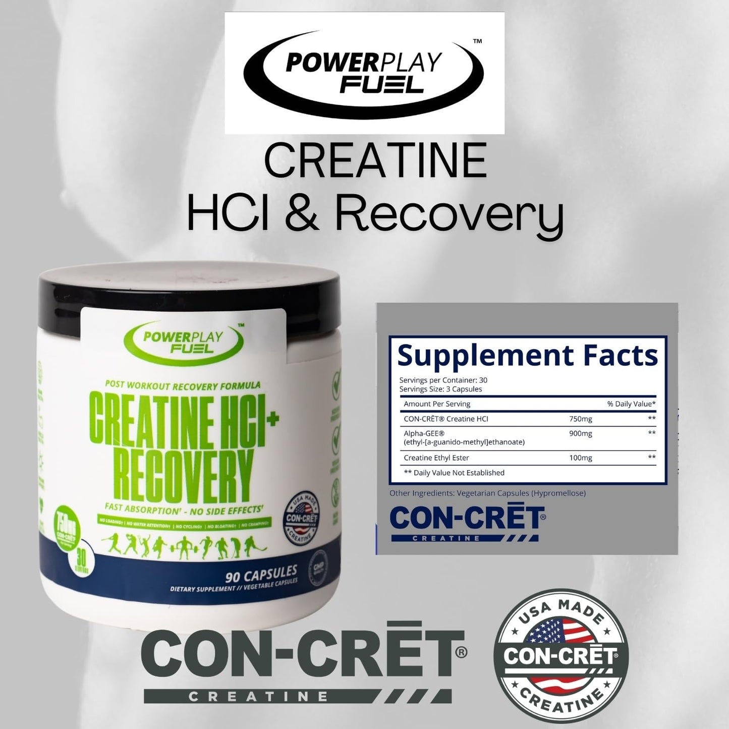 CREATINE HCl + Recovery Capsules for Men and Women, Muscle & Brain Health, Cognitive Function, Immune Support - 90 Vegetable Capsules POWER PLAY FUELBuy Supplements Australia