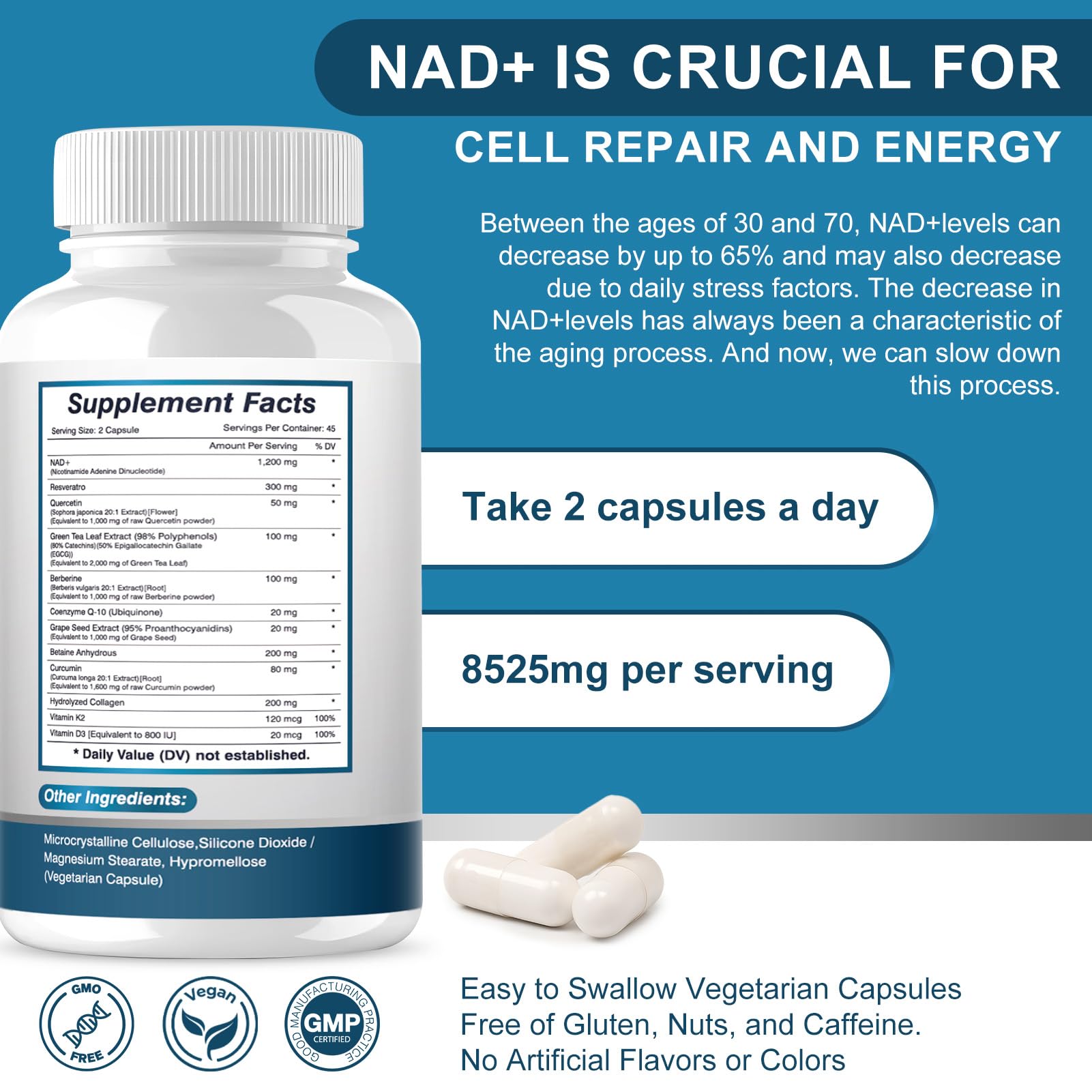 ETOVO NAD+ Supplement, 8525 mg Liposomal NAD Resveratrol Supplement for Women and Men with Coptisine Quercetin Curcumin Supports Cellular Health, Energy & Healthy Anti-Aging 180 Counts ETOVOBuy Supplements Australia