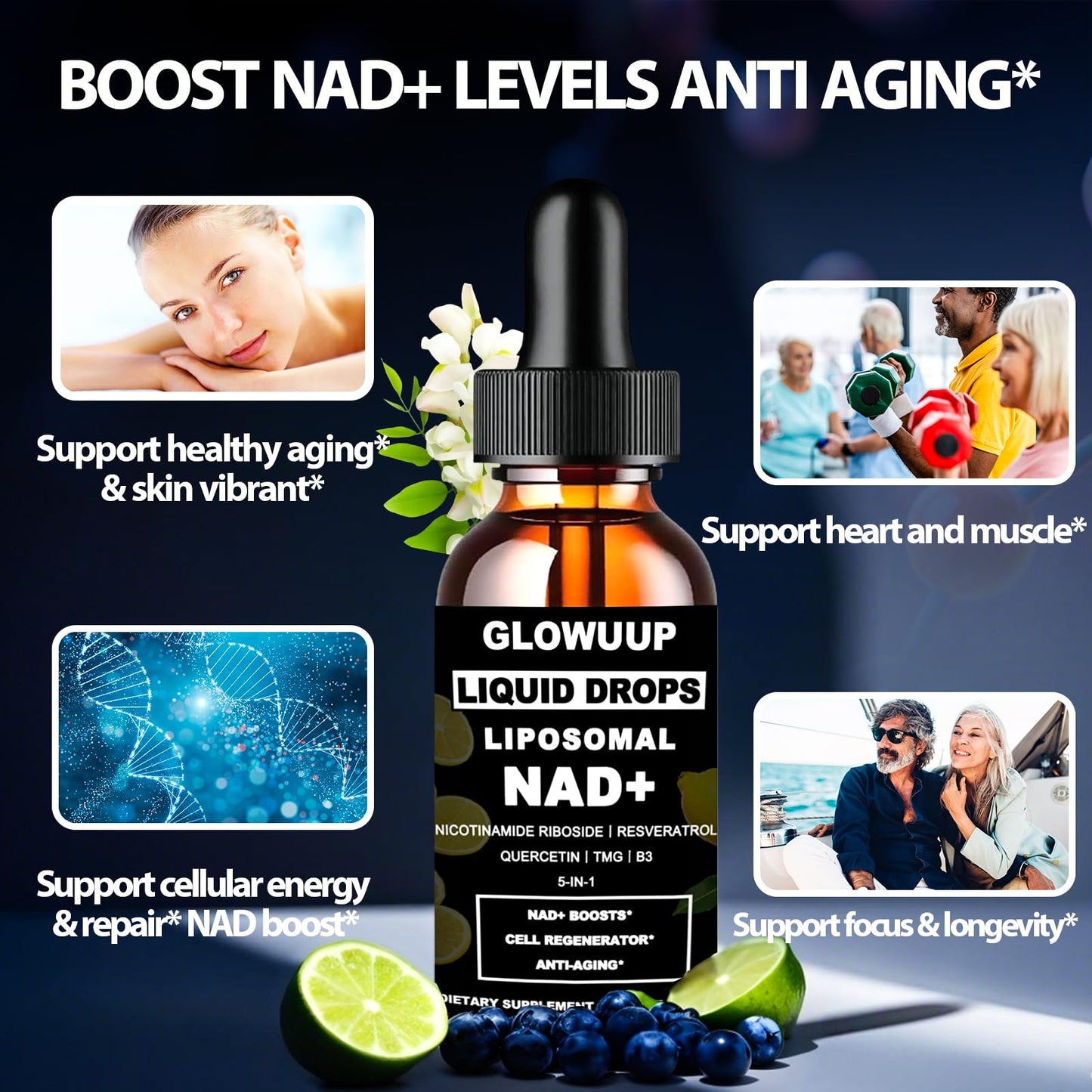 NAD Supplements for Women & Men, Liposomal NAD Nicotinamide Riboside Resveratrol 900mg w. B3 Vitamin Quercetin TMG, Liquid Resveratrol NAD Plus Supplement for Anti-Aging Energy Focus Longevity GLOWUUPBuy Supplements Australia