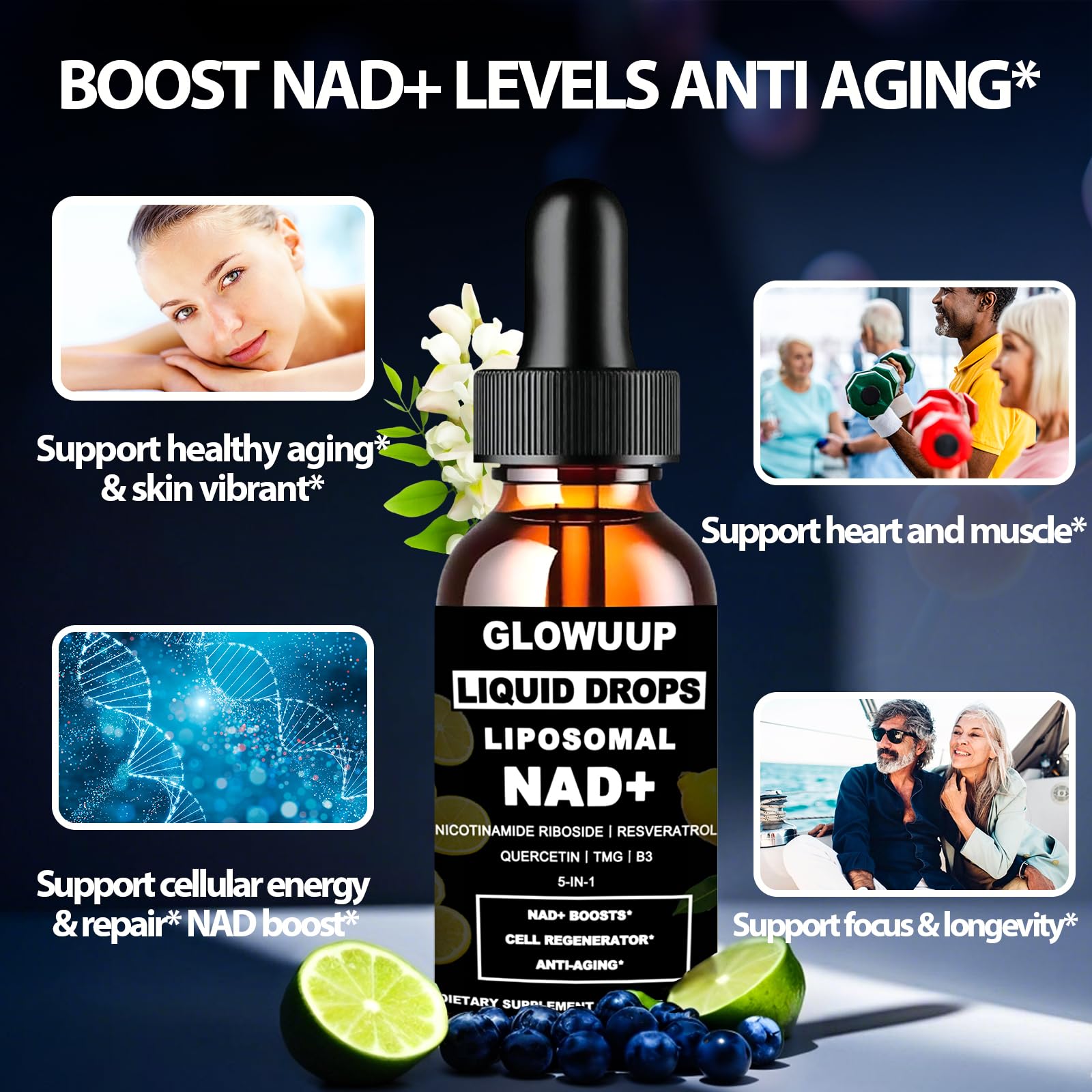 NAD Supplements for Women & Men, Liposomal NAD Nicotinamide Riboside Resveratrol 900mg w. B3 Vitamin Quercetin TMG, Liquid Resveratrol NAD Plus Supplement for Anti-Aging Energy Focus Longevity GLOWUUPBuy Supplements Australia