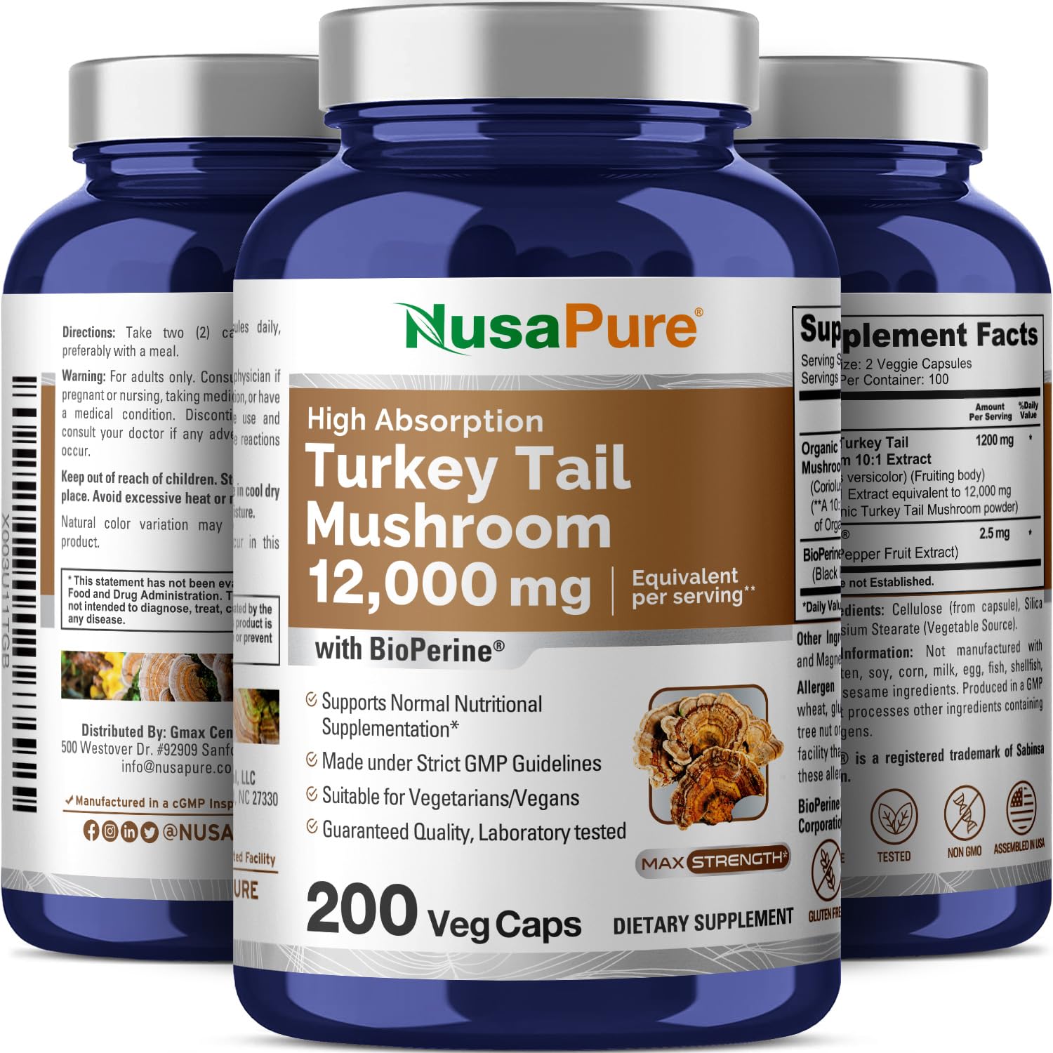 NusaPure Turkey Tail Mushroom Capsules, 10:1 Extract, 1200 mg Equivalent to 12,000mg, 200 Vcaps, Non-GMO, Gluten Free, Bioperine NusaPureBuy Supplements Australia