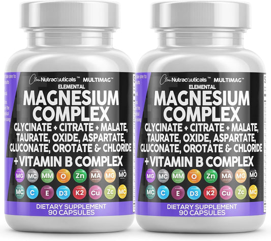 Two bottles of elemental magnesium complex dietary supplement with colorful labels on a white background.