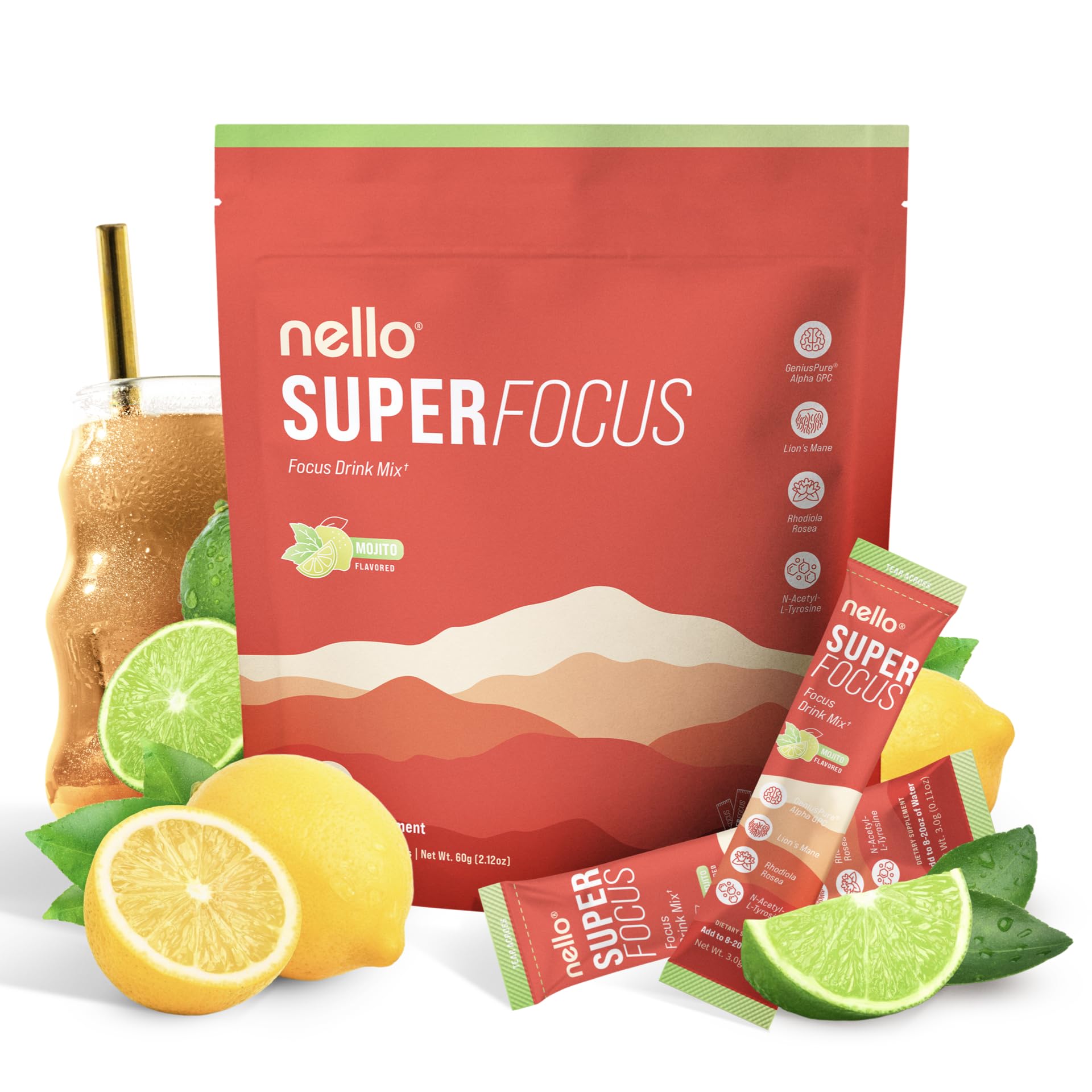 Nello Superfocus Mojito – Nootropic Focus Drink Mix, 20 On-The-Go Packets, Alpha GPC, Lion’s Mane, Rhodiola, Sugar-Free NelloBuy Supplements Australia