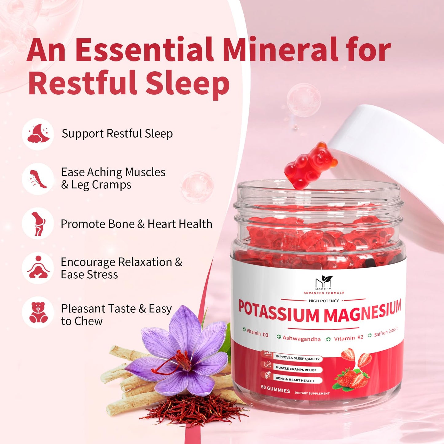 2 Pack Potassium Magnesium Gummies, Sugar Free Potassium Supplement Magnesium Glycinate 500mg, Ashwagandha, Vitamins D3, C, B6, Calcium & Zinc for Sleep, Leg Cramps & Muscle Relaxation-120 Count MABEFYBuy Supplements Australia